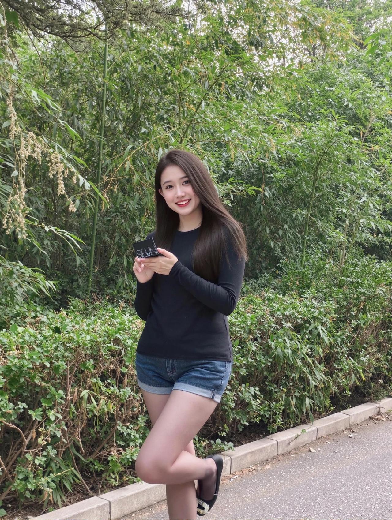 |||在绿植旁随手拍，整组画面很清爽。
黑色修身长袖搭配卷边牛仔短裤，脚上是黑色