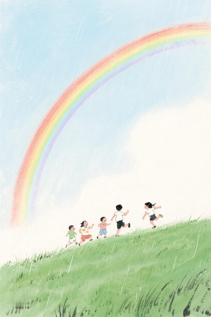 AI随心绘在雨中的草地，孩子们追逐彩虹。风雨洗礼后，便是希望与美好呀🌈