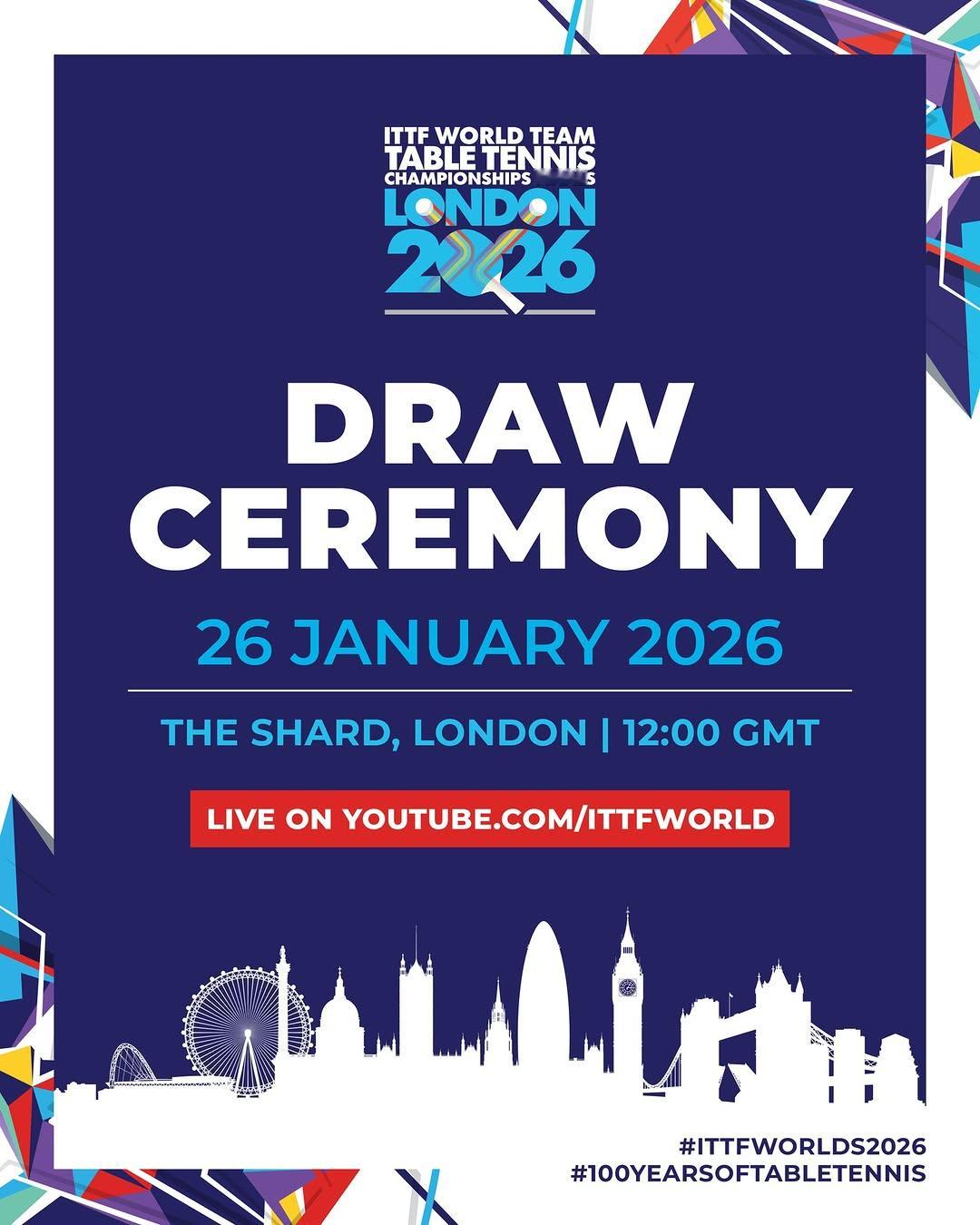 2026伦敦世界乒乓球团体锦标赛抽签仪式将于北京时间1月26日20:00举行 