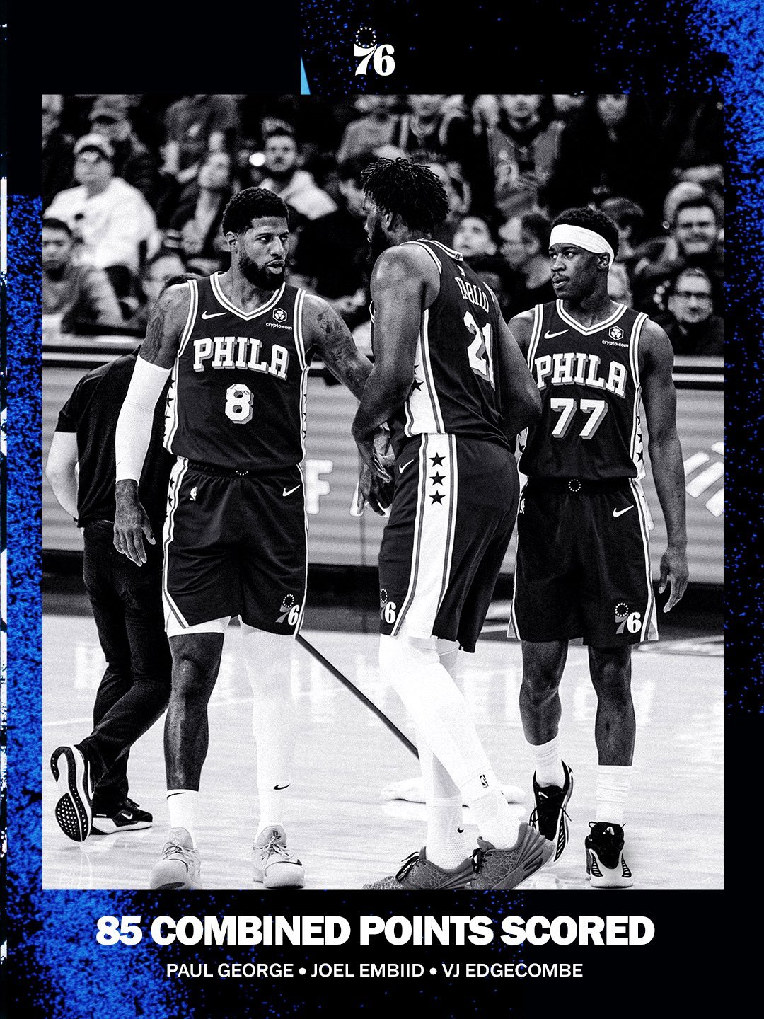 今日比赛，乔尔·恩比德、保罗·乔治和VJ·埃奇库姆联手得到85分，76人队以15