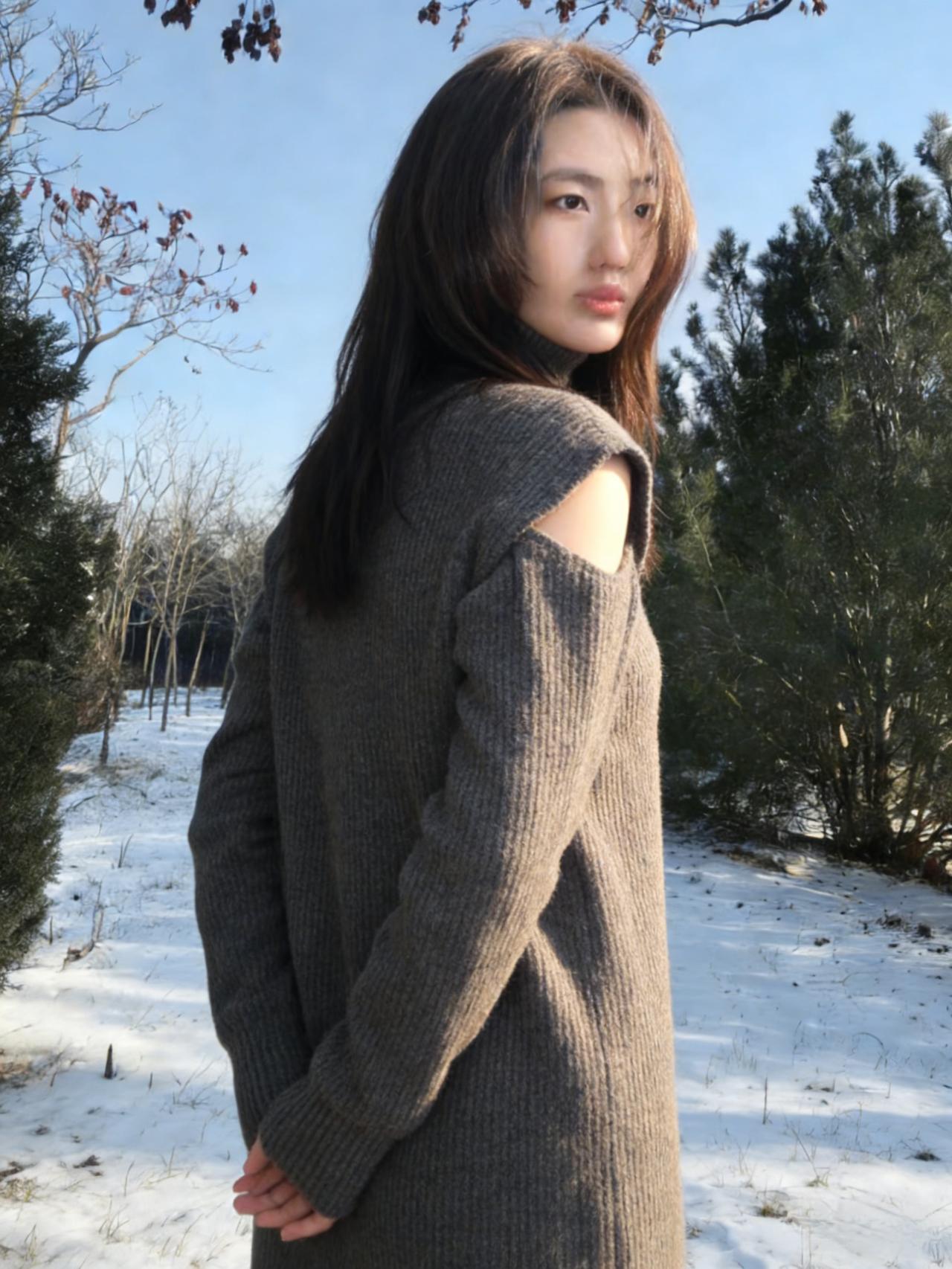 晓日初升照雪垠，寒林疏影立佳人。
针织裁就灰罗袂，露肩斜分玉屑尘。
鬓发轻扬承晓