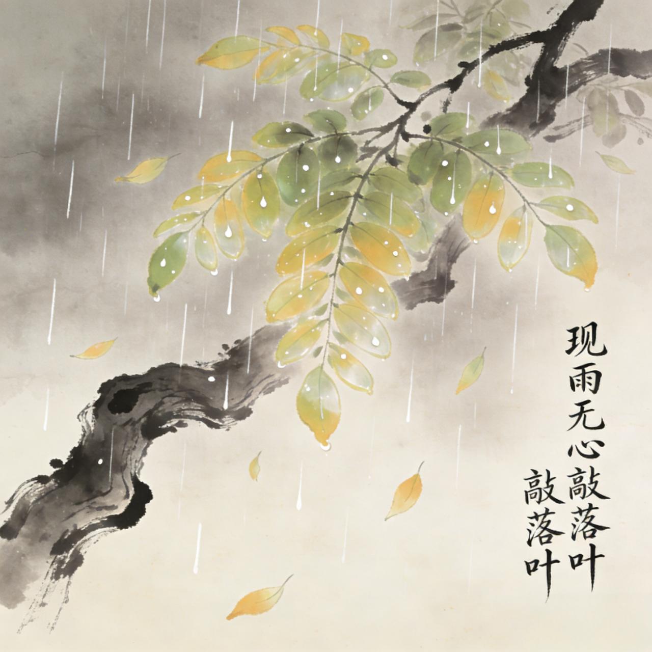上联：秋雨无心敲落叶
下联：春风有意抚新芽