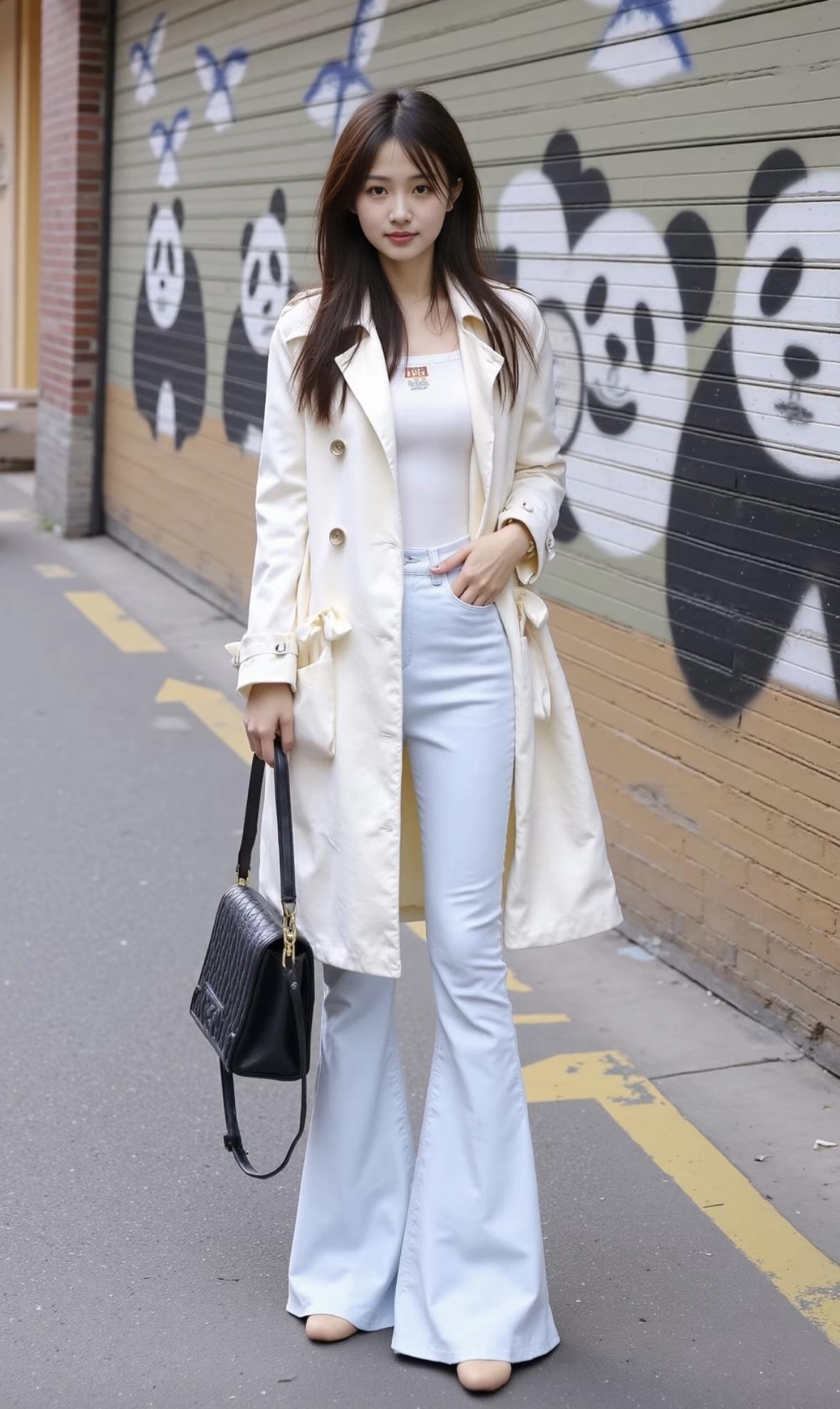 米色风衣搭配浅蓝色喇叭裤，简约优雅，尽显都市女性魅力！