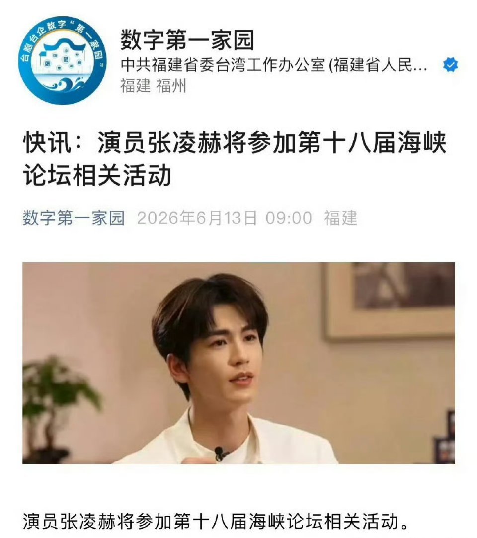 张凌赫将参加第十八届海峡论坛相关活动！ 张凌赫入围首尔电视剧大赏视帝
