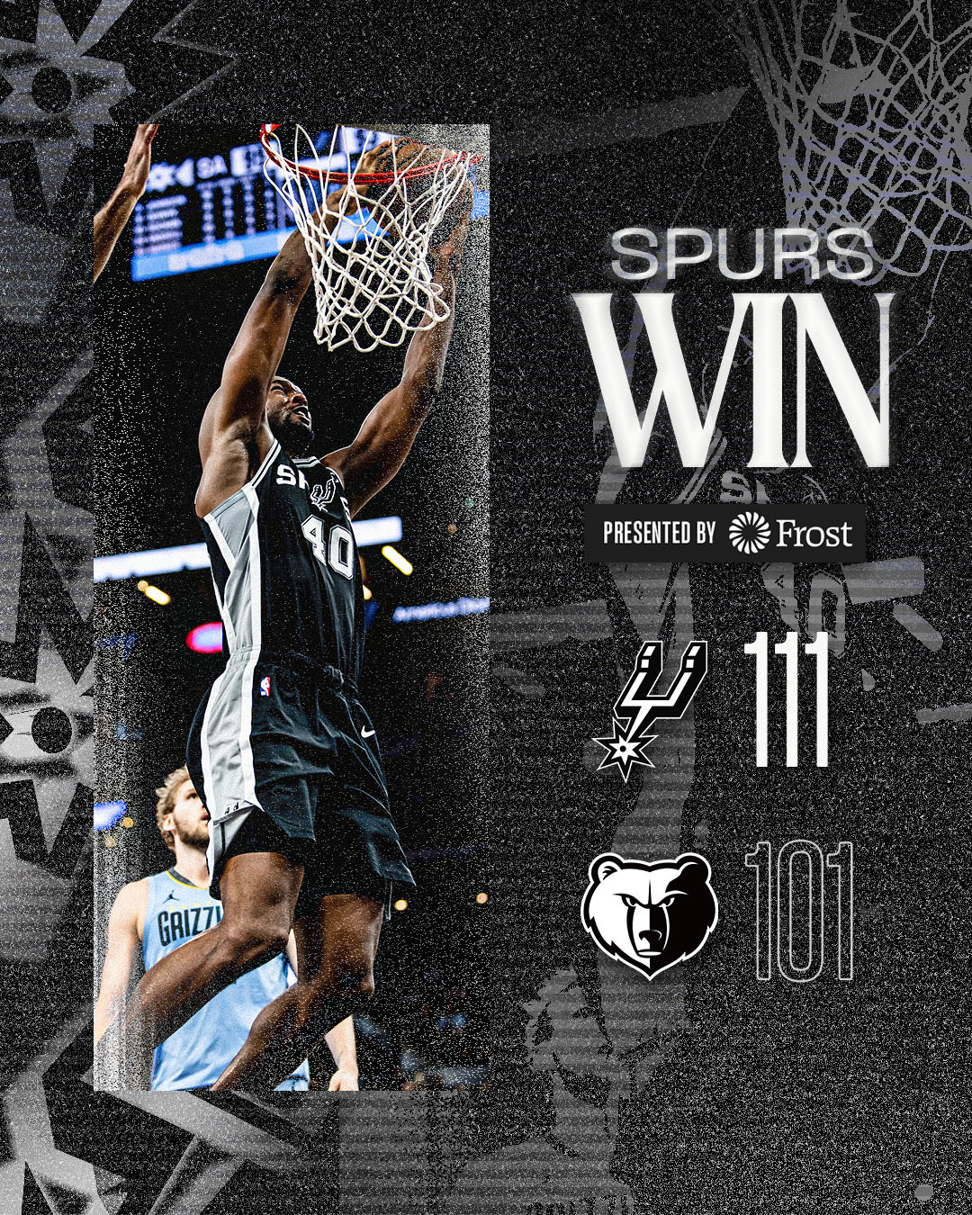 全场比赛结束！马刺主场111-101险胜灰熊，拿到两连胜！🎉马刺（10-4）：