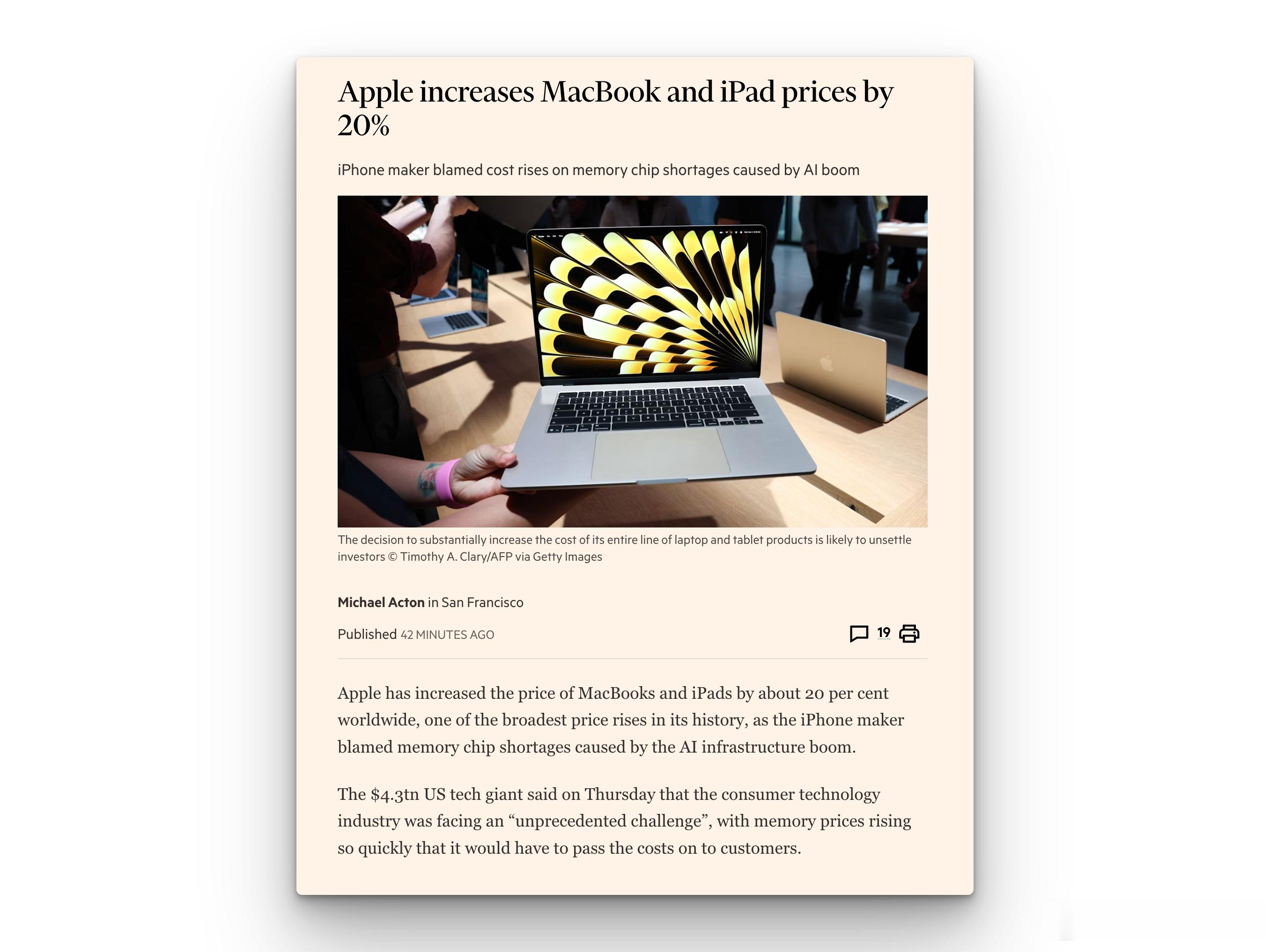 因内存价格上涨，苹果将 MacBook 和 iPad的价格上调了20%。苹果公司