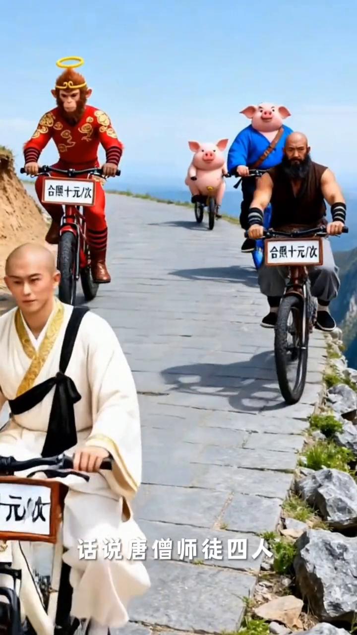 话说唐僧师徒四人为取真经踏上西行路，却遇现代难题。因西天手续费上涨，无奈改骑单车