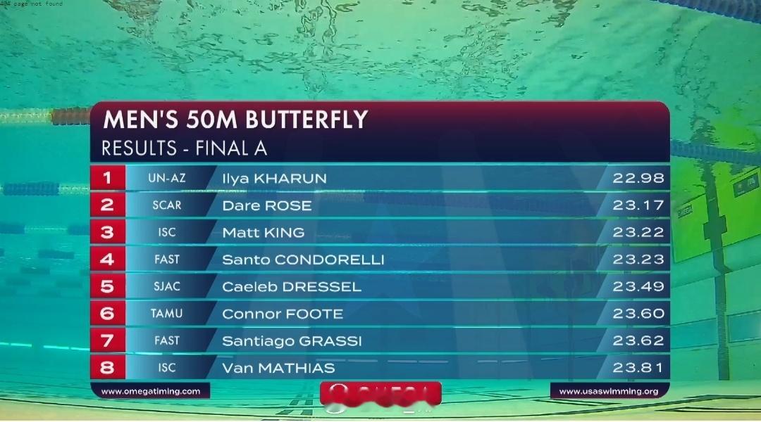 美国游泳公开赛 男50蝶决赛Kharun 22.98Rose 23.17King