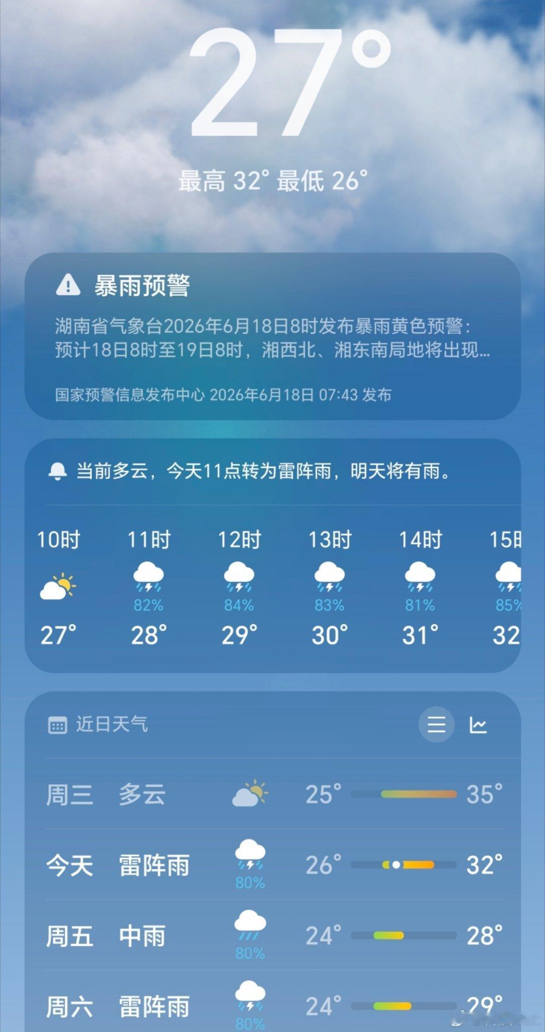 今天要下暴雨啊，不过长沙这个天气暴雨应该下不久吧