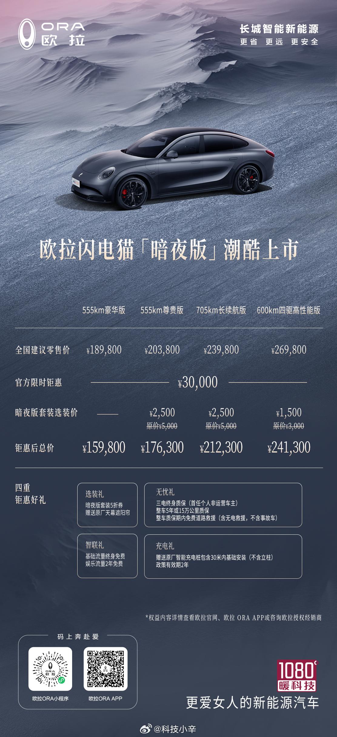欧拉闪电猫 暗夜版 今天上市，售价18.98万元起

555公里豪华版 18.9