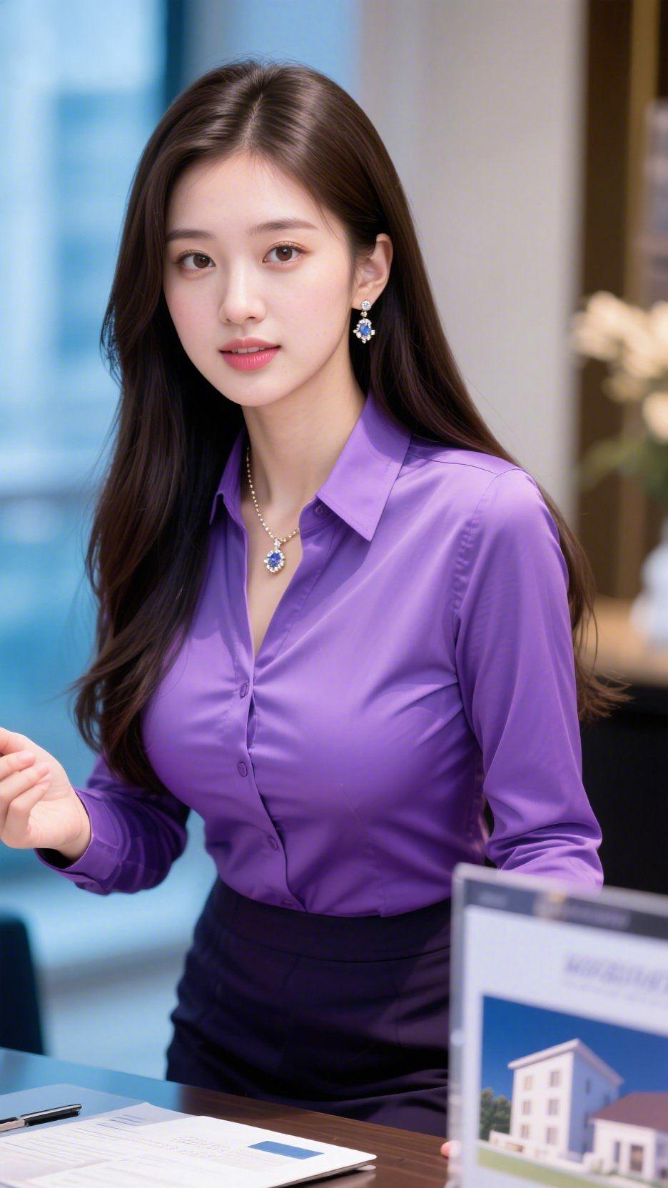 紫韵映职场
 
浅紫衬衫如揉碎的暮色，利落翻领勾勒出职场女性的干练，柔滑面料又藏