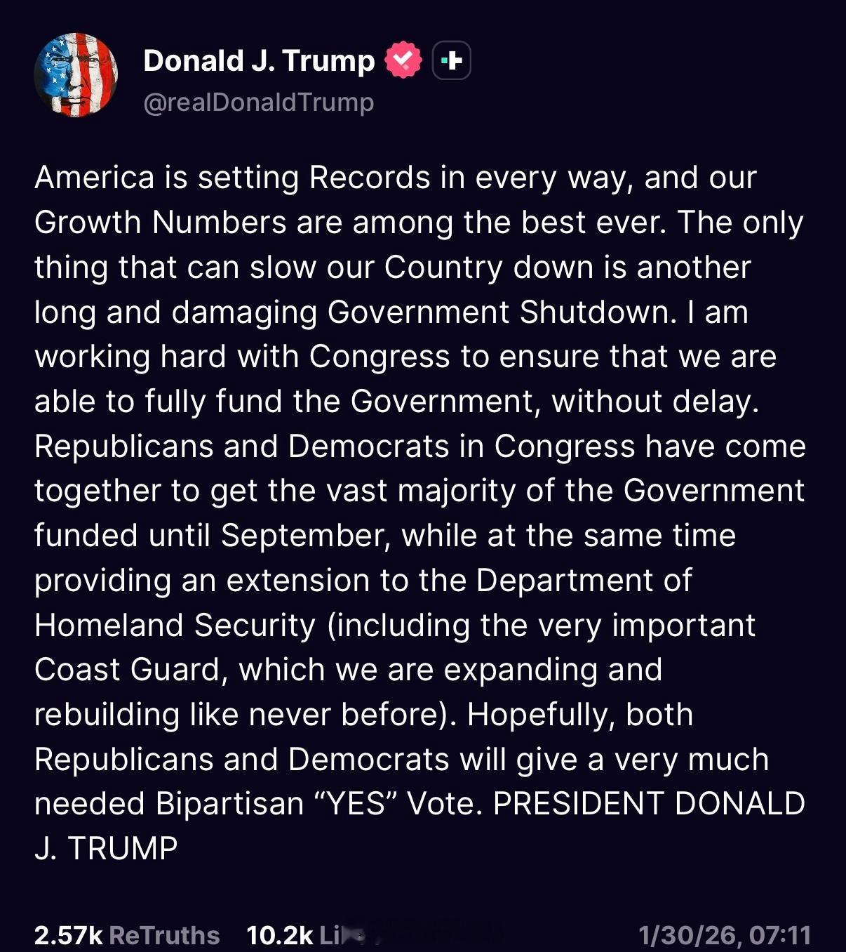 特朗普发文，正努力确保政府大部分部门得到资金支持至九月美国在各个方面都创下纪录，