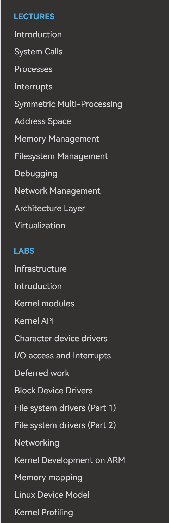 Linux内核教程linux-kernel-labs.github.io内容涵盖