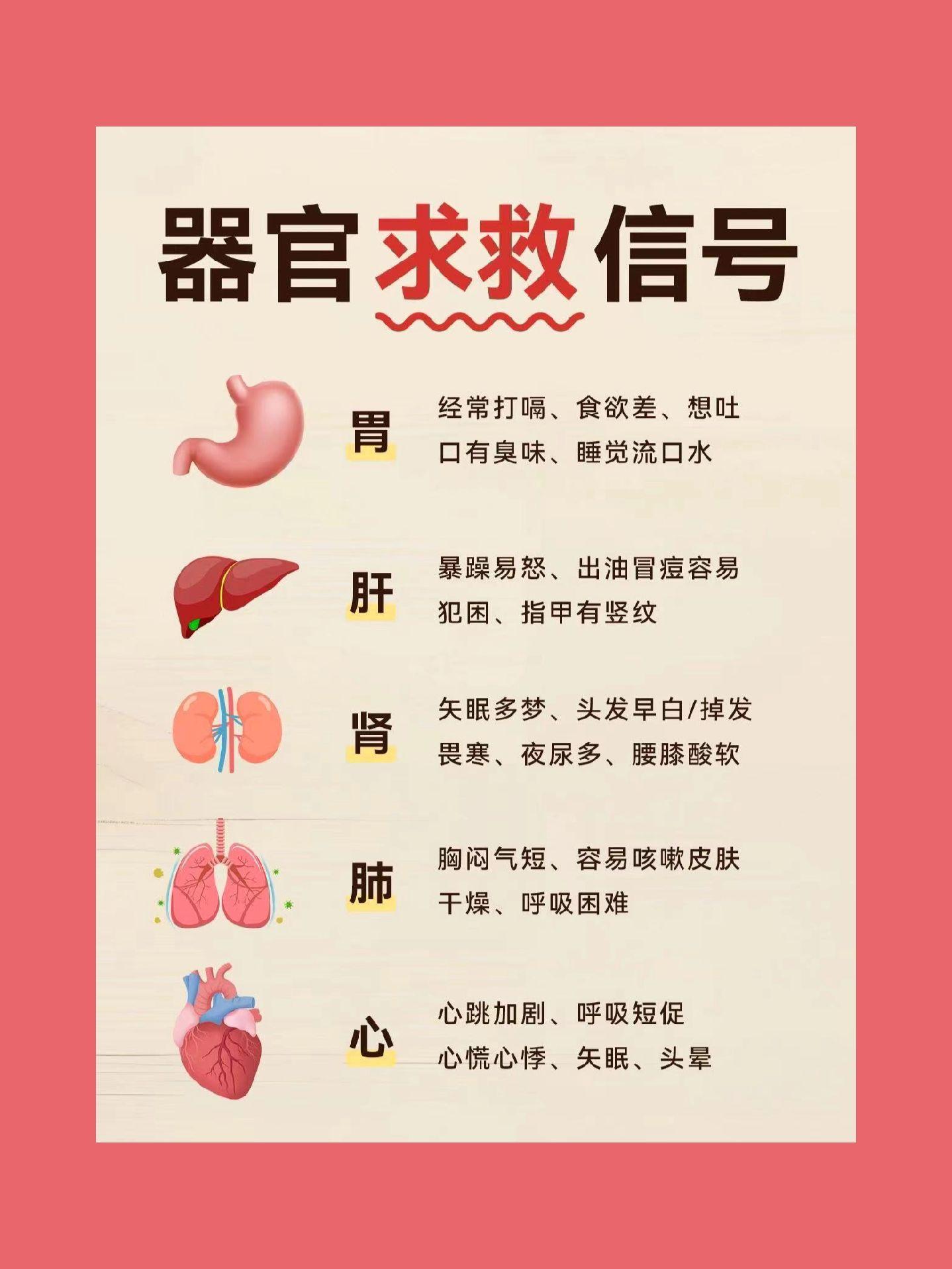 警惕身体五大脏器“求救信号”快节奏的生活让越来越多的人暴饮暴食，作息不规律，每天把养生挂在嘴边，却还是在熬夜
如果你的身体开始出现这些健康求救信号，可千万不要忽视哟！
健康就是最大的财富🌹
身体的求救信号