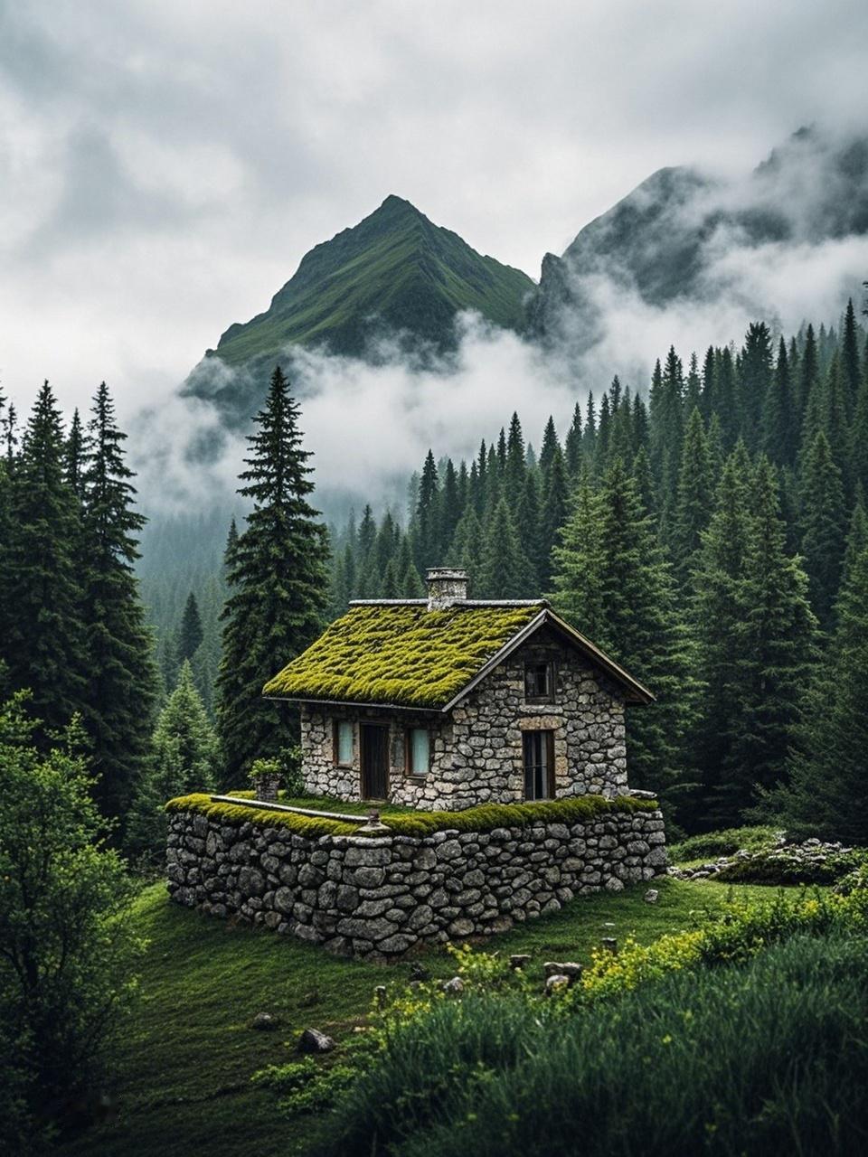 AI妙生图山间小村云雾中。