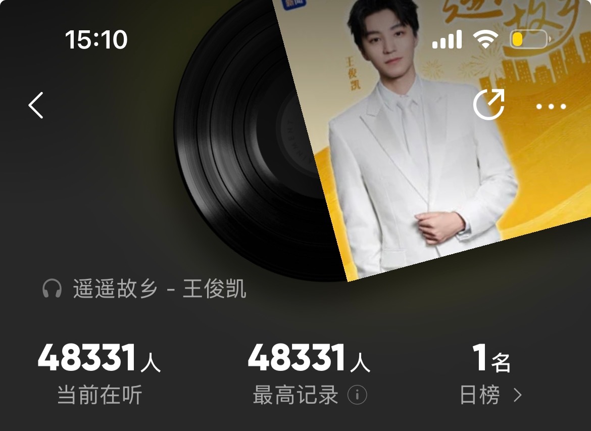 15：10，48331了！有没有人来接龙冲5万单曲购买记得也做下王俊凯新歌