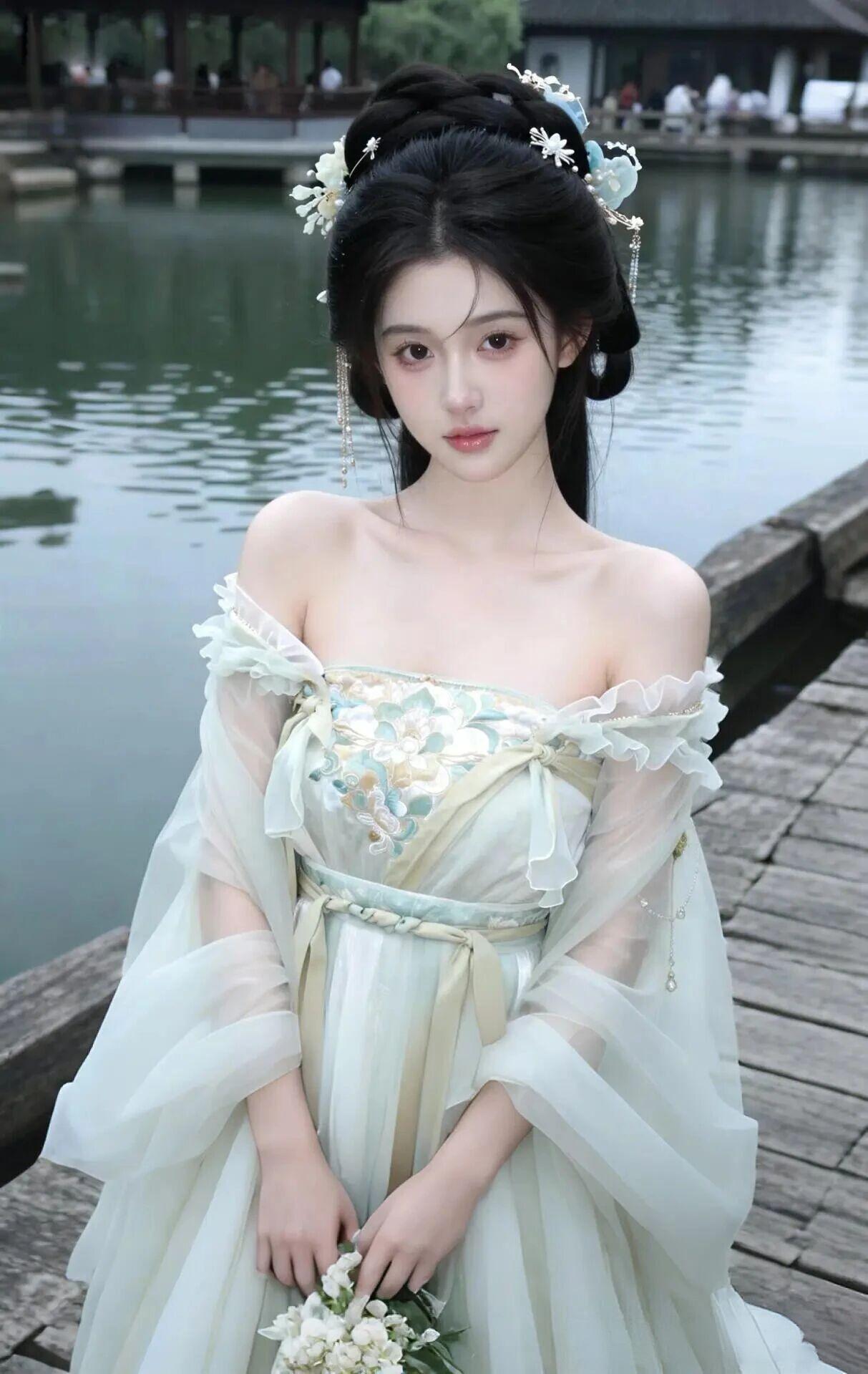 她像从江南烟雨中走出来的古风仙子，一身清浅汉服，自带古典又温柔的韵味，美得像一幅