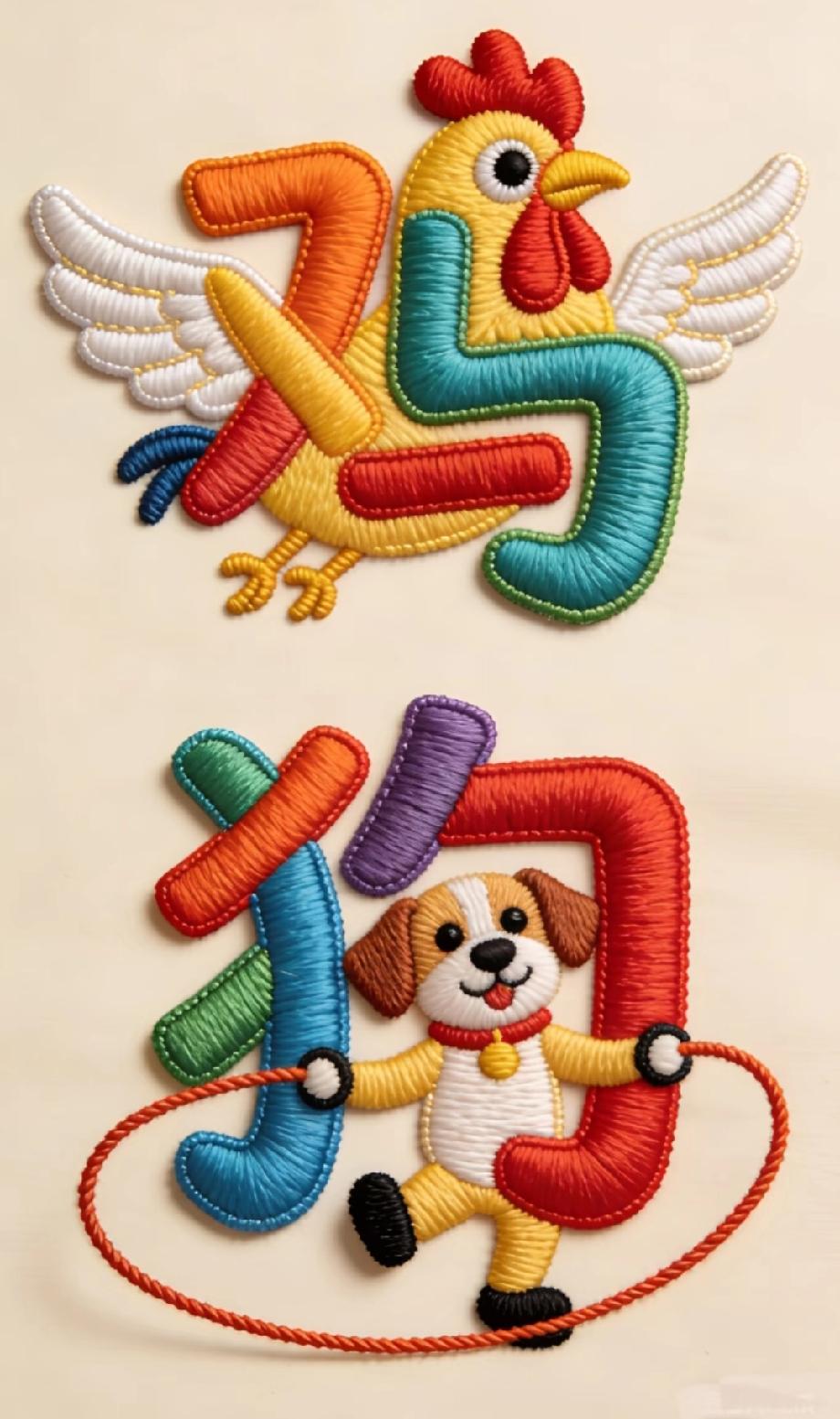 “鸡”“狗”刺绣字太可爱了，你能看出来这是什么成语吗？
