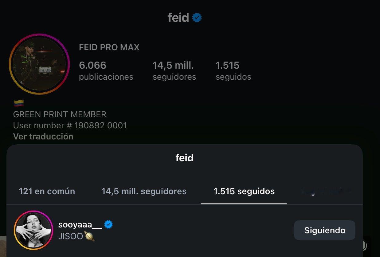 哥伦比亚歌手 FEID 在IG上上关注了JISOO金智秀
