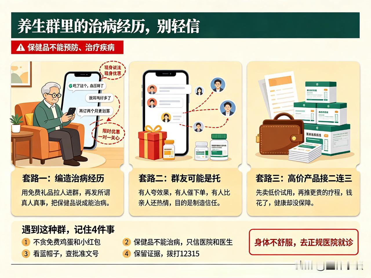 养生群里天天有人“分享治病经历”？小心，你的养老钱正被一步步套走！

各位老哥老