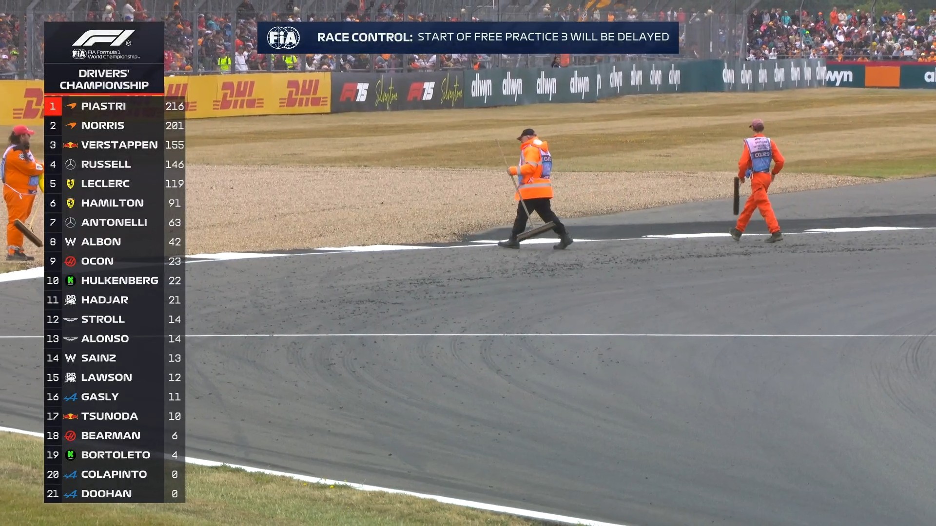 三练将被推迟5分钟开始，马修正在清理赛道。F12025F1英国大奖赛 ​​​