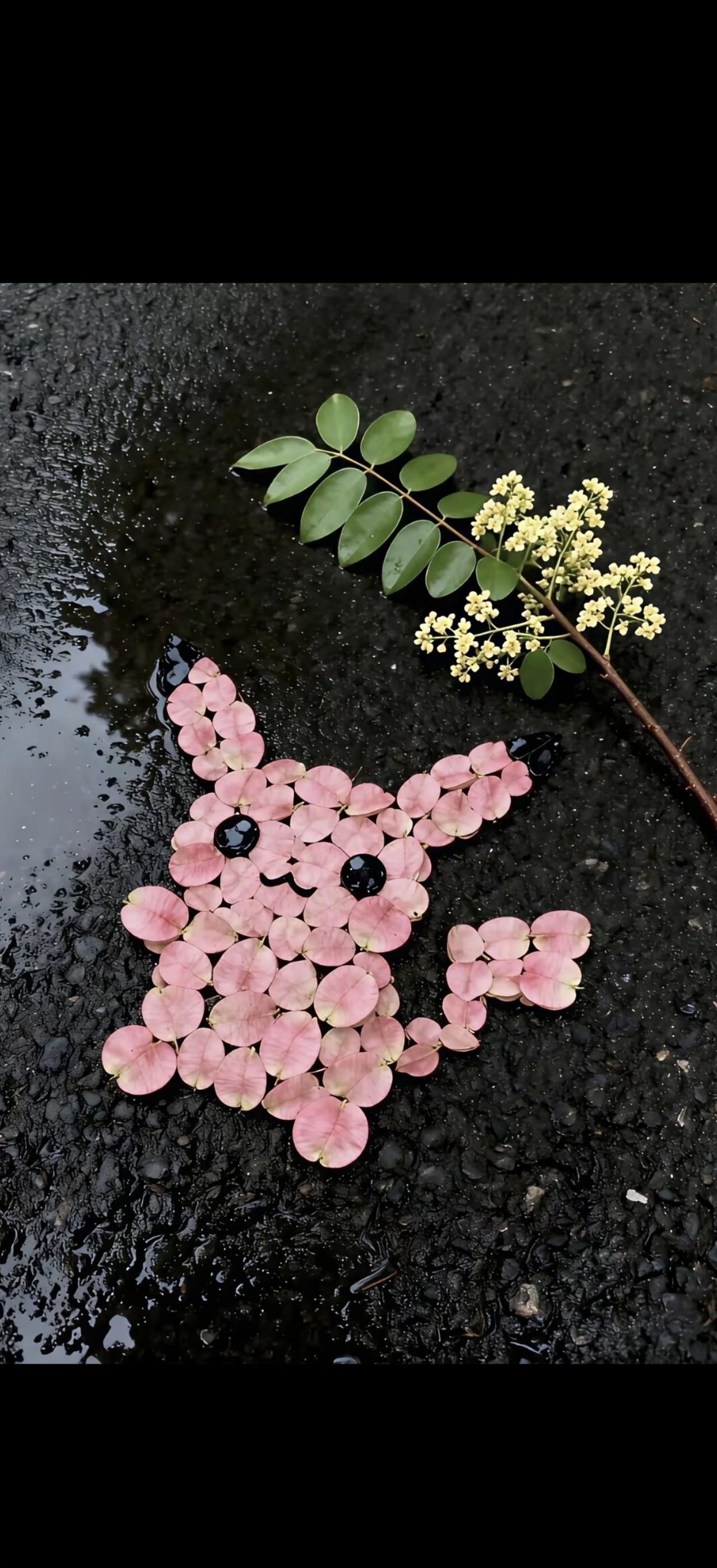地面上的花瓣拼出了一只可爱的小兔子。