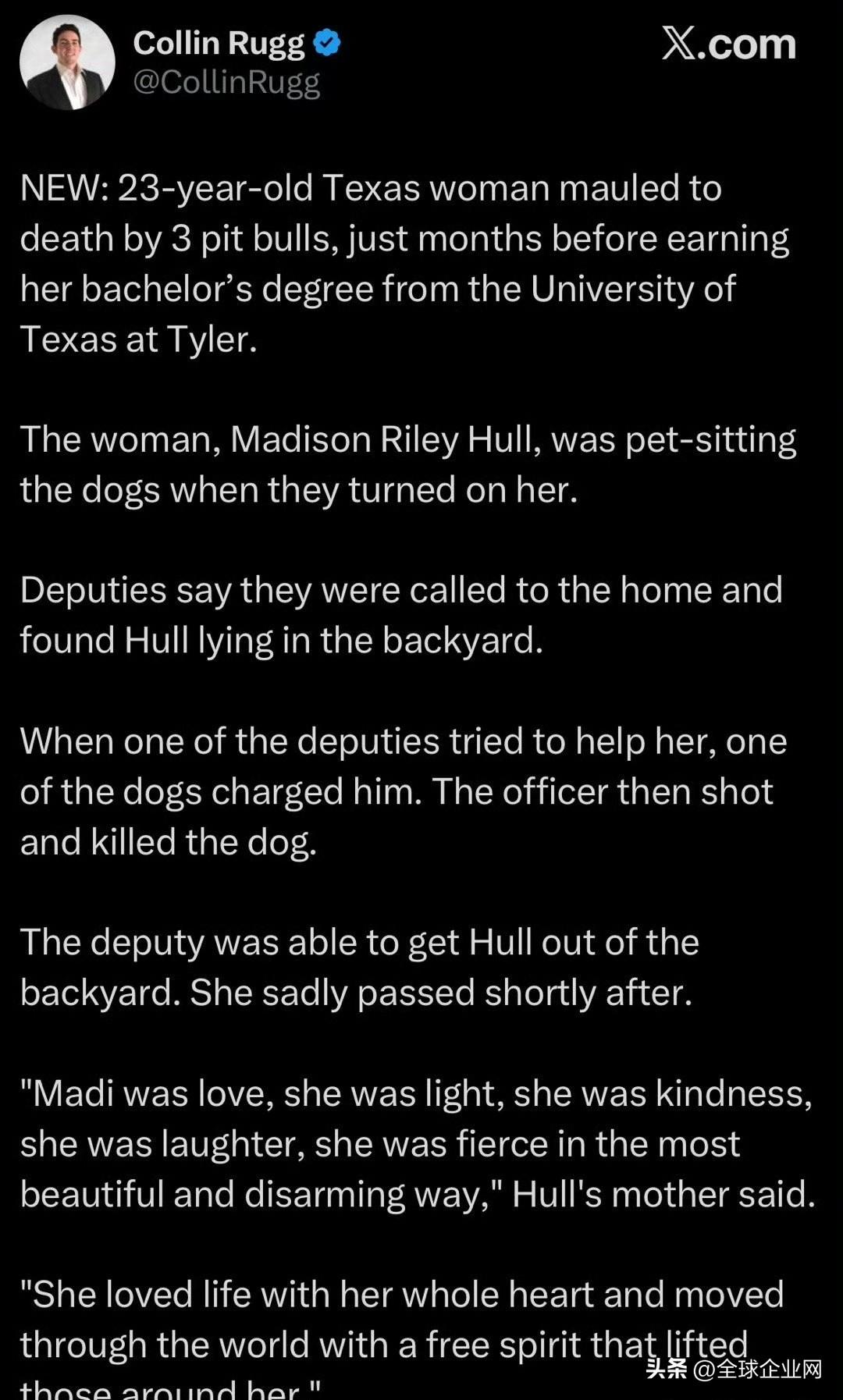 刚刚大学毕业的女生被她的三只斗牛犬咬死。这种狗太凶恶了，还是不养吧。 ​