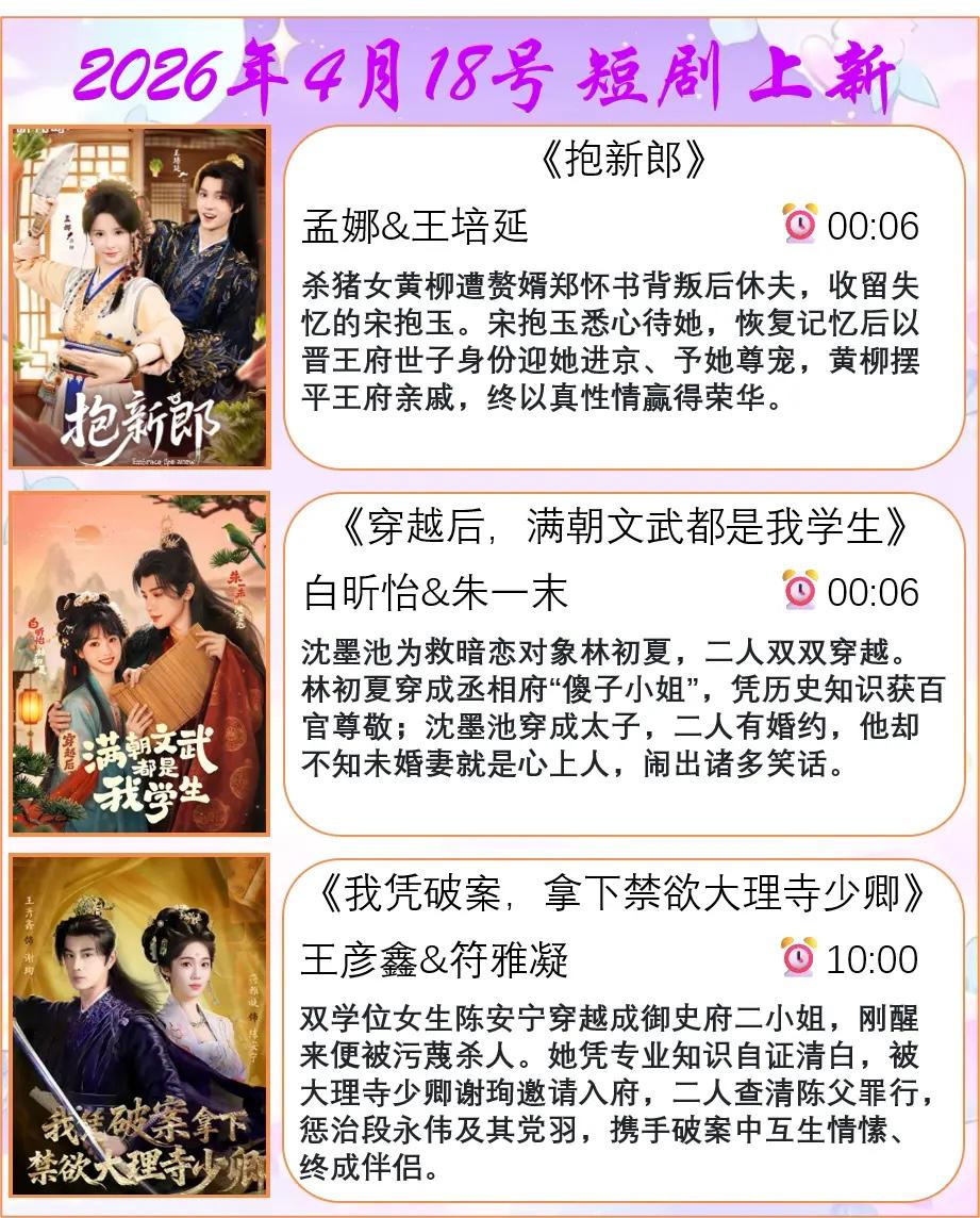 🔥📺4月18日短剧上新预告✨🔥
1.《抱新郎》🤵
主演：孟娜&王培延
短