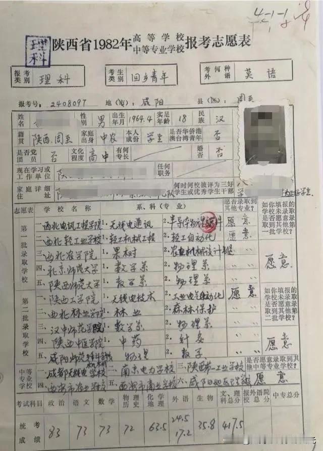 1982年高考志愿填报表

西北农学院果树专业都能考虑到第一批录取名单，
可见农