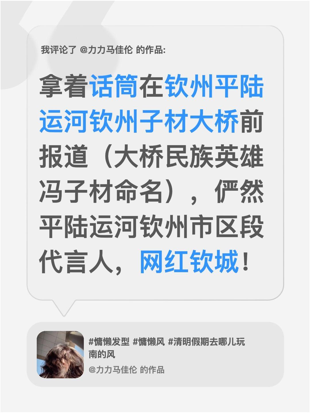 我评论了@力力马佳伦 的作品：
拿着话筒在钦州平陆运河钦州子材大桥前报道（大桥民