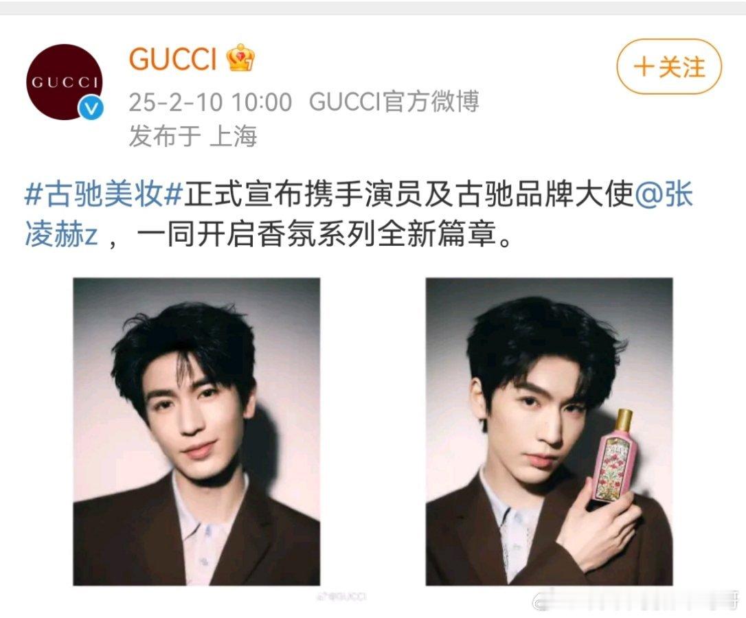 Gucci品牌大使张凌赫，开启香氛系列新篇章，手握成衣+美妆两条线，恭喜👏 