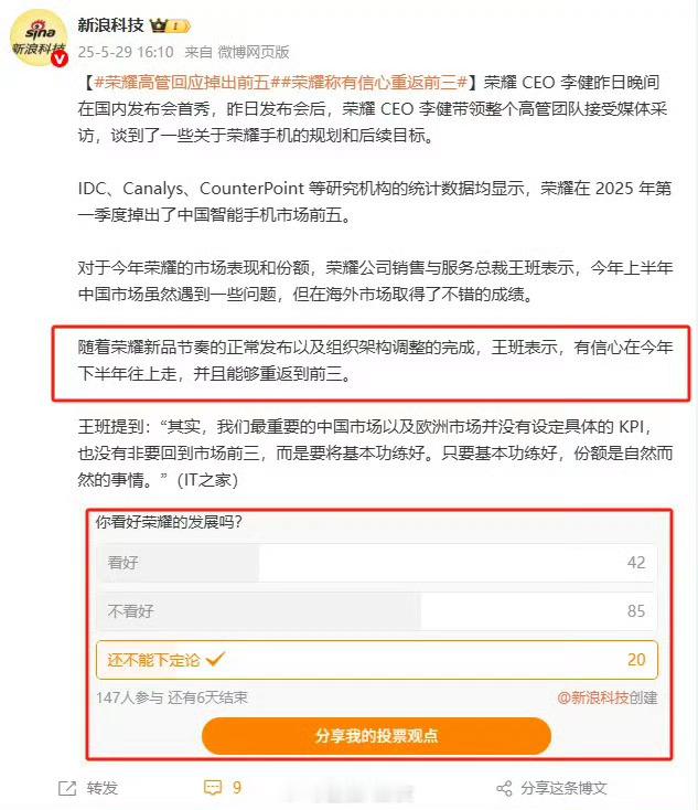 一季度跌出前五，荣耀请来肖战代言！高管有信心重返市场前三 ​​​。 ​​​