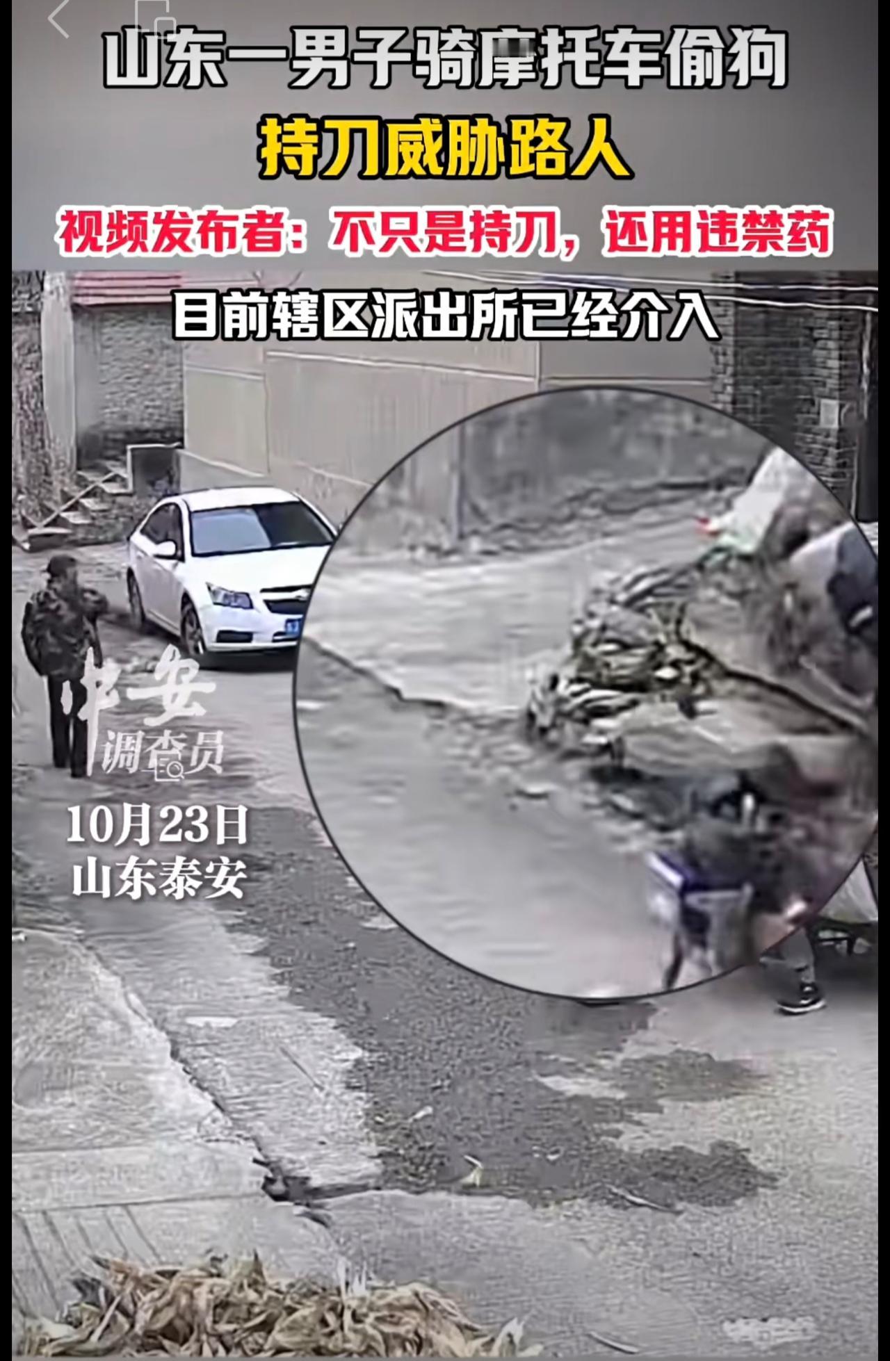 10月23日，山东泰安。山东一男子骑摩托车偷狗，持刀威胁路人。视频发布者：不只是
