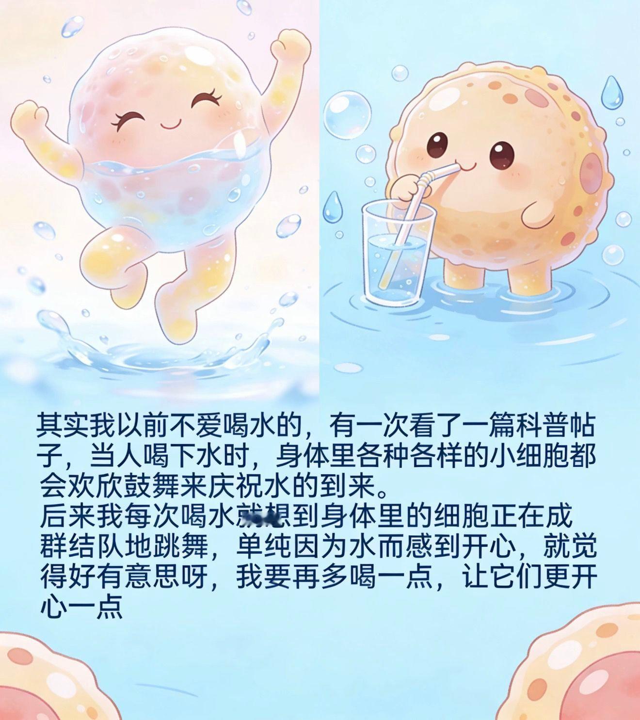 喝水身体细胞欢呼雀跃如果你感觉到很渴的时候，说明你的各个器官正在枯萎，发黄，都在