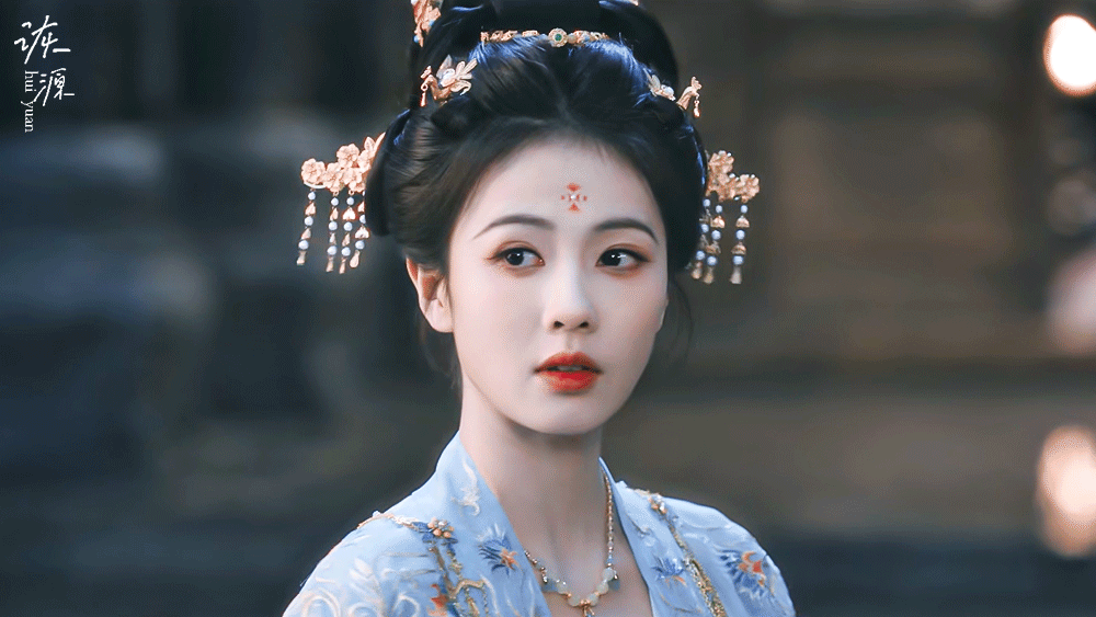 白鹿 《唐宫奇案》李佩仪 / 动图▷EP28-09 盘发+蓝衣（蓝橙）+花钿+珍