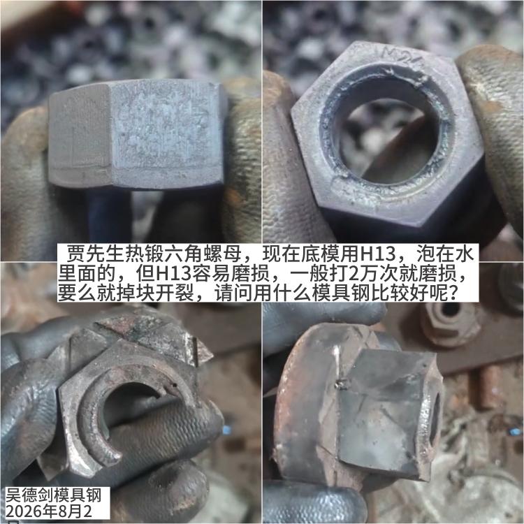 贾先生热锻六角螺母，现在底模用H13，泡在水里面的，但H13容易磨损，一般打2万