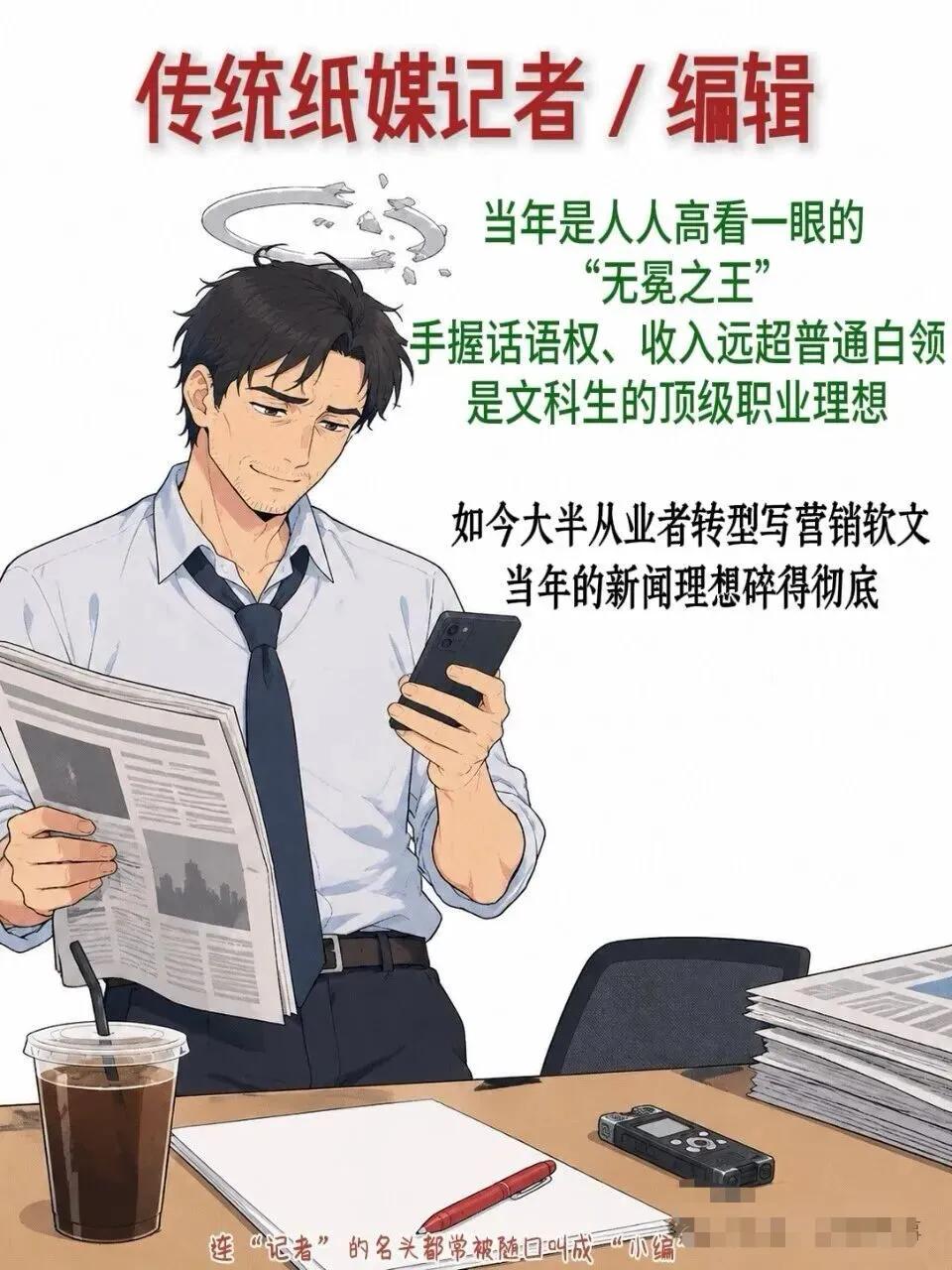 到目前社会地位断崖式下降的6大岗位，你觉得是吗？纸媒记者，银行柜员，外语导游，空