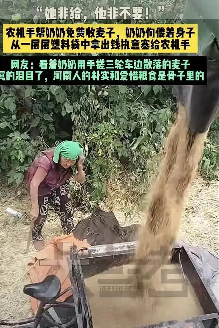 听完这段画面感十足的故事，瞬间觉得特别暖心。
 
想来是收割机师傅帮老人收了庄稼