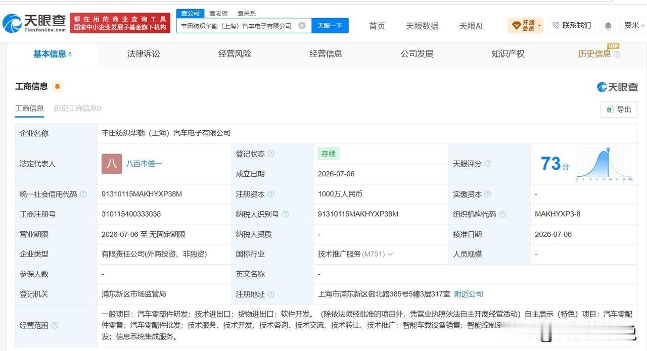 【丰田纺织、华勤技术在上海成立汽车电子公司 注册资本1000万】
天眼查App显
