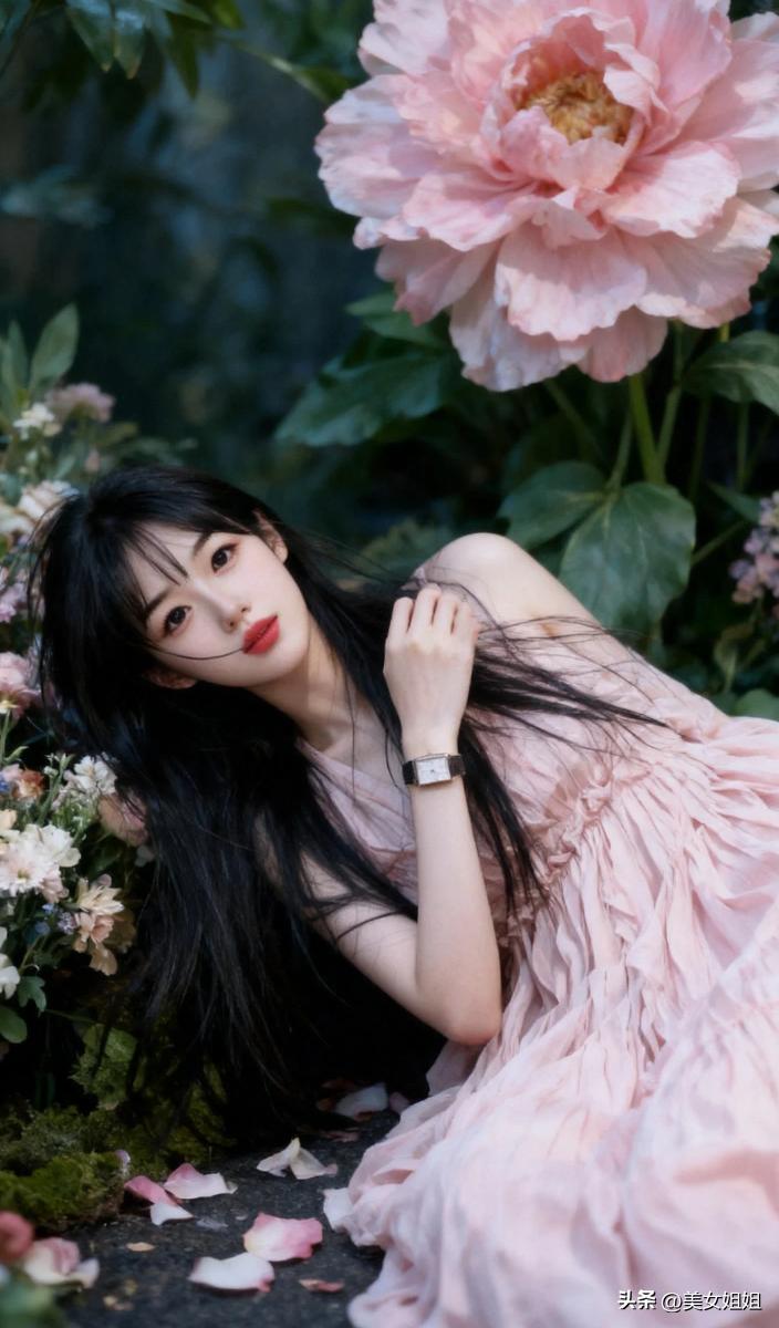 梦幻花海中的少女，粉裙飘逸，红唇微启，宛如童话故事中的公主。