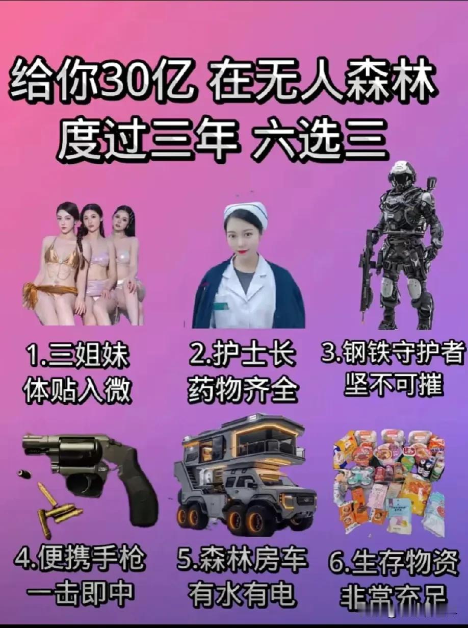给你30亿在无人森林呆上三年，
你会选哪三样？
我选256，大家且听我的分析：