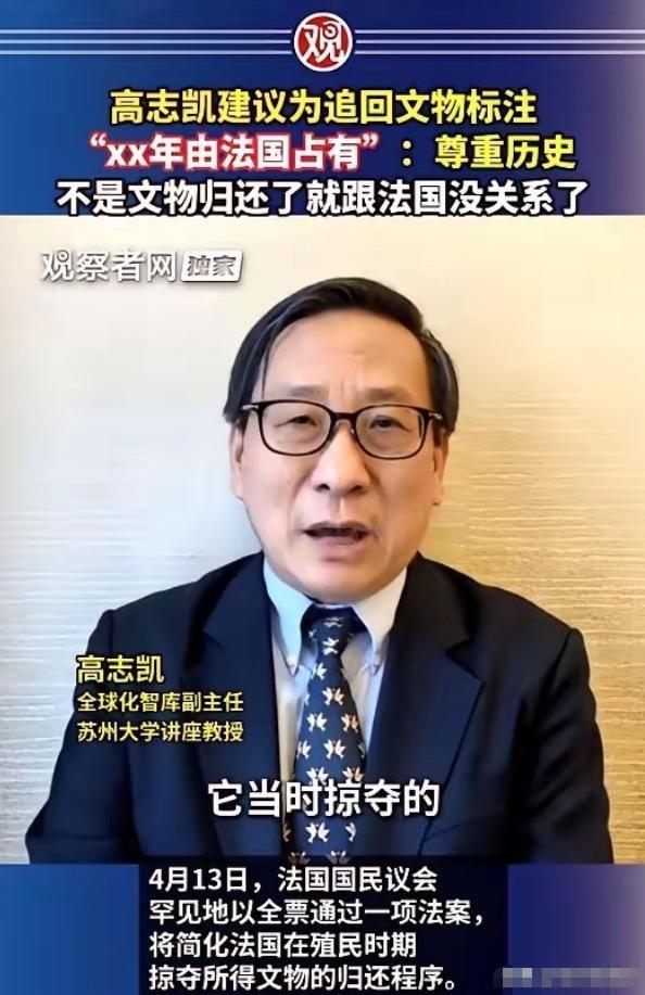 高志凯直言追回文物必须标注侵占国家与年份，戳破西方模糊叙事遮羞布，铭记历史伤痛捍