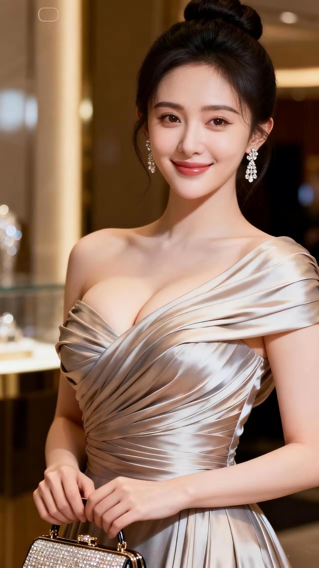 高髻盘起青丝，香槟缎面斜肩礼服褶皱婉转，钻饰耳坠熠熠生辉，手提满钻精致手包，眉眼
