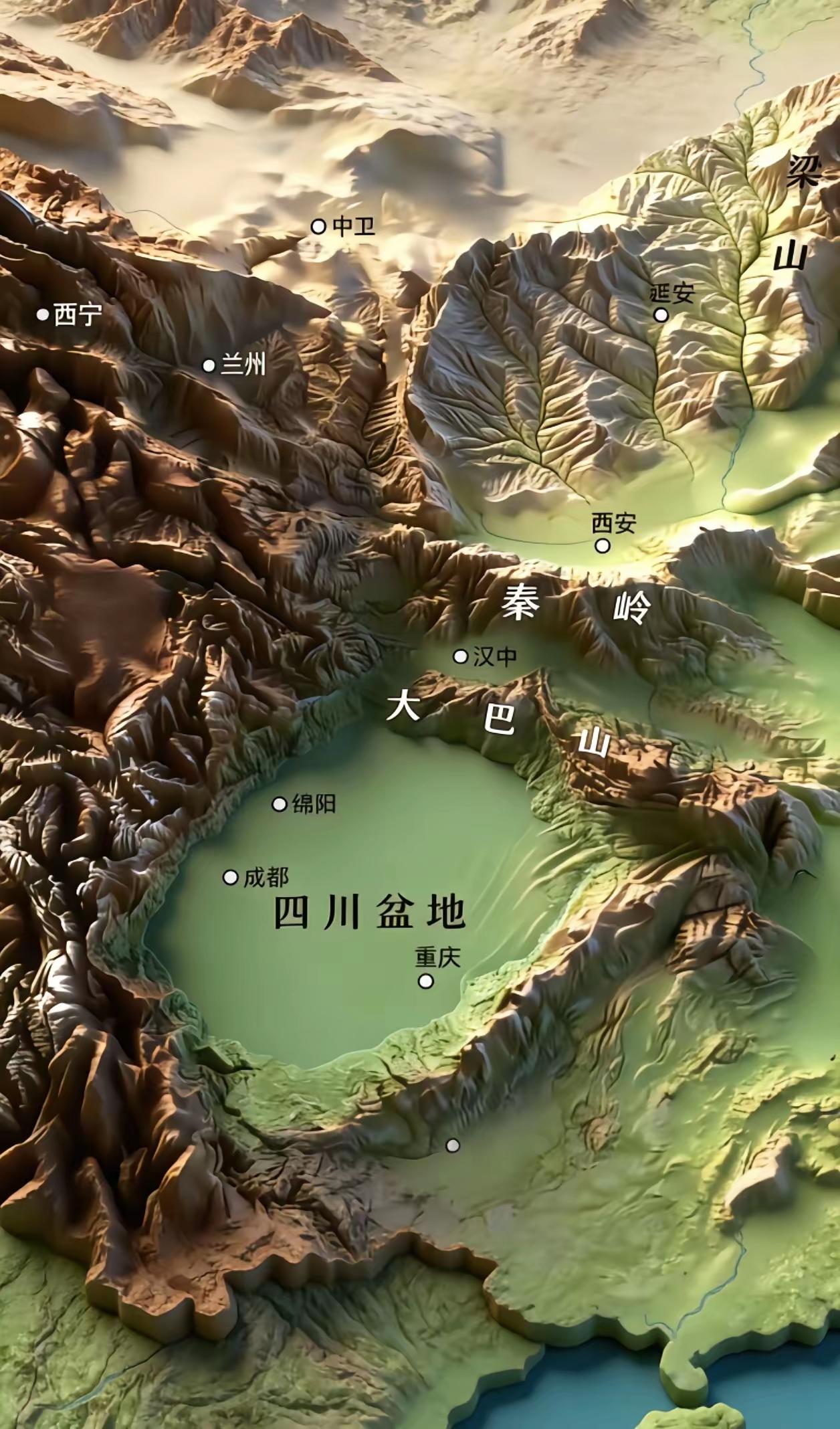 从这张地图能看出，四川盆地比关中平原大得多！而且它的形状真像一个聚宝盆，怪不得成