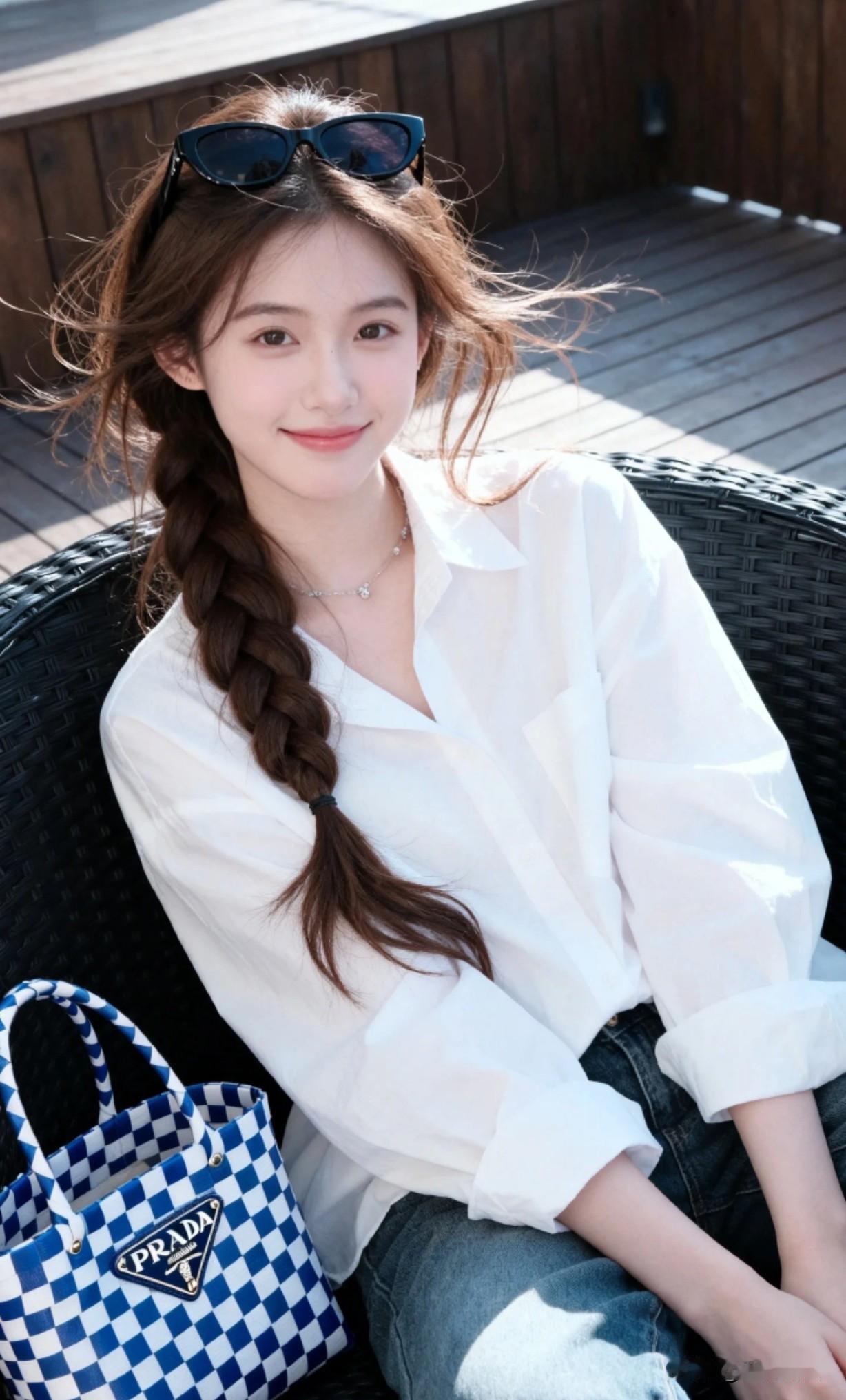 阳光下的甜美少女，白色衬衫+牛仔裤，轻松自在！🌞👗👖