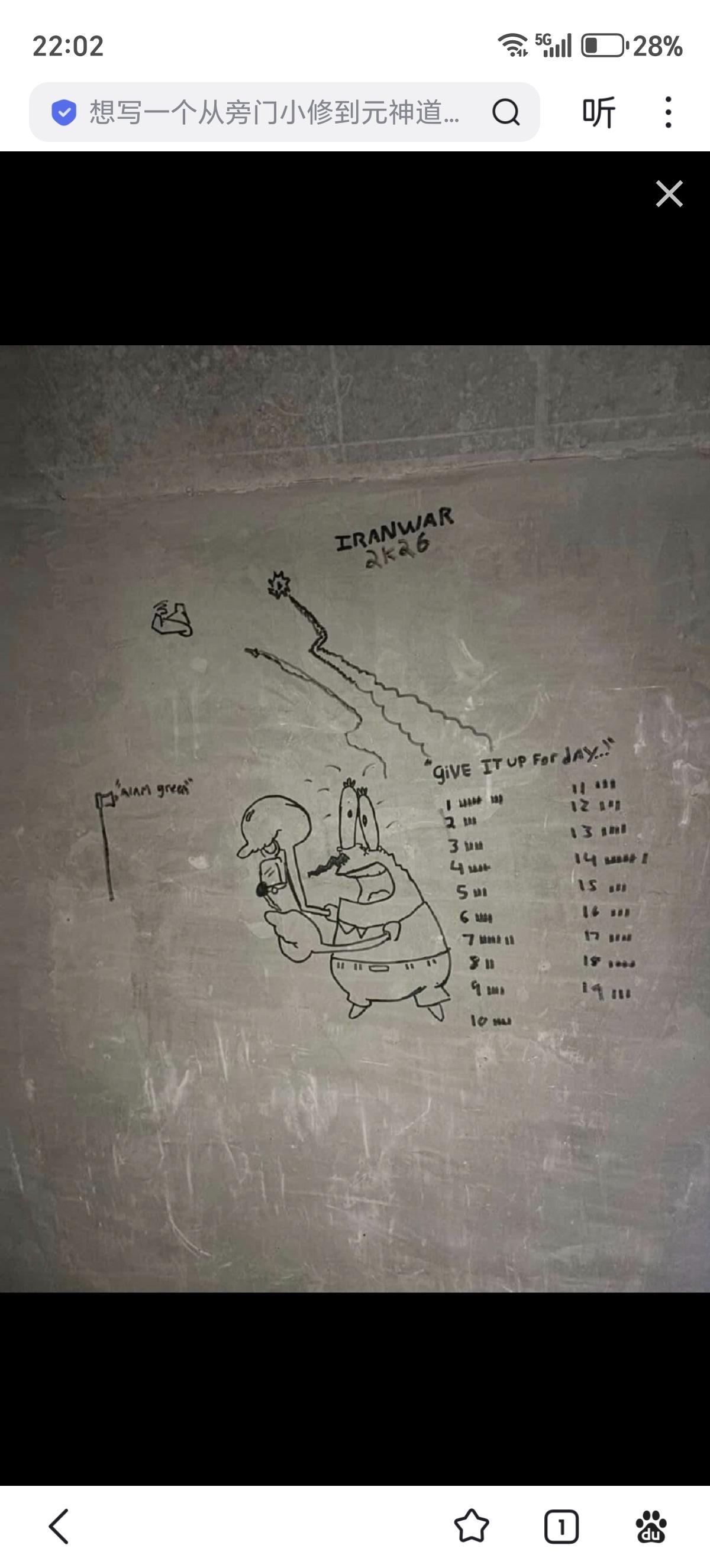 在美军约旦穆瓦法格基地防空掩体里面美军大兵画的卡通图案，以及记录基地3月1日到3