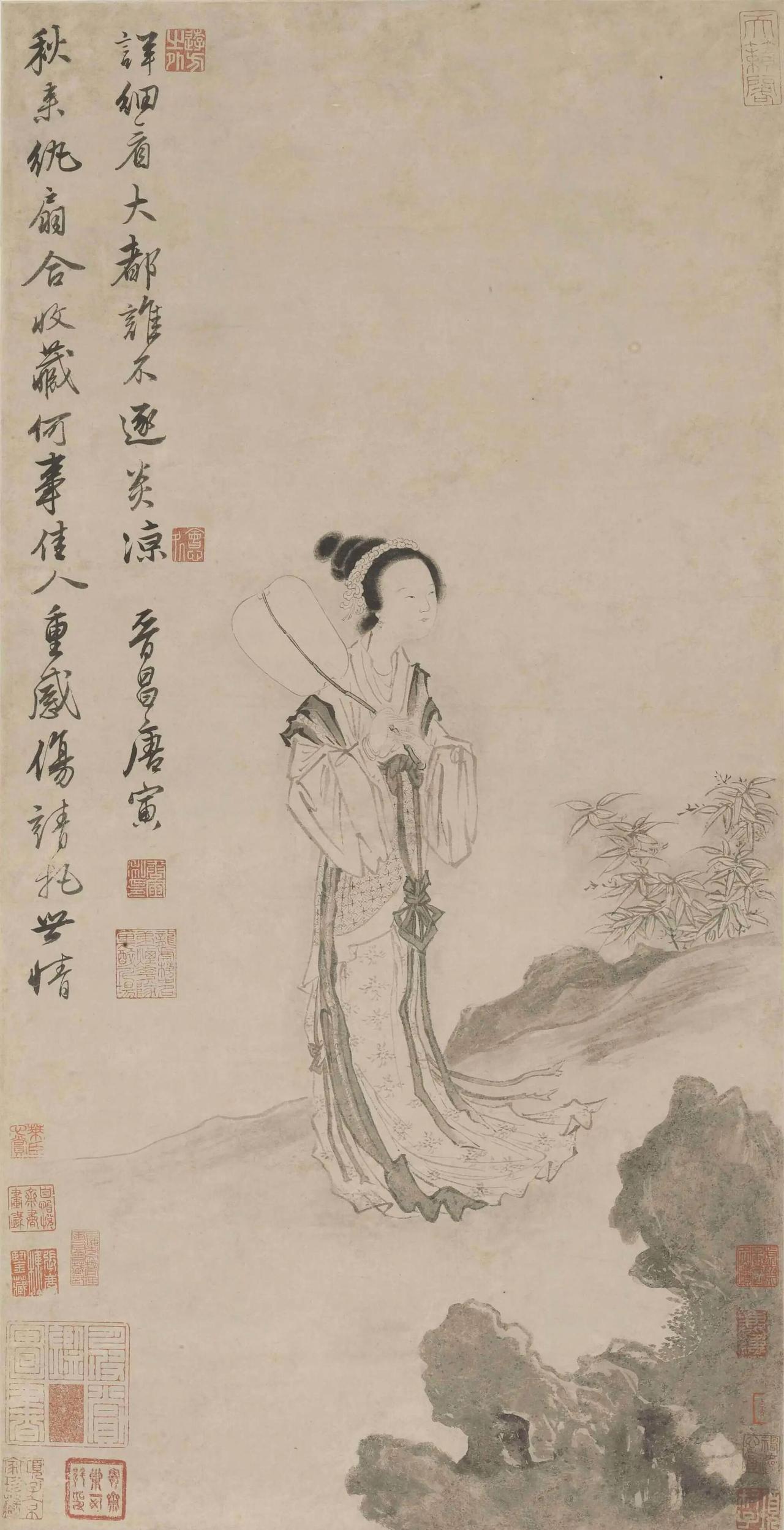 拿扇子的女子，一脸惆怅，唐伯虎在暗示什么？
在唐寅《秋风纨扇图》中，秋日下，女子