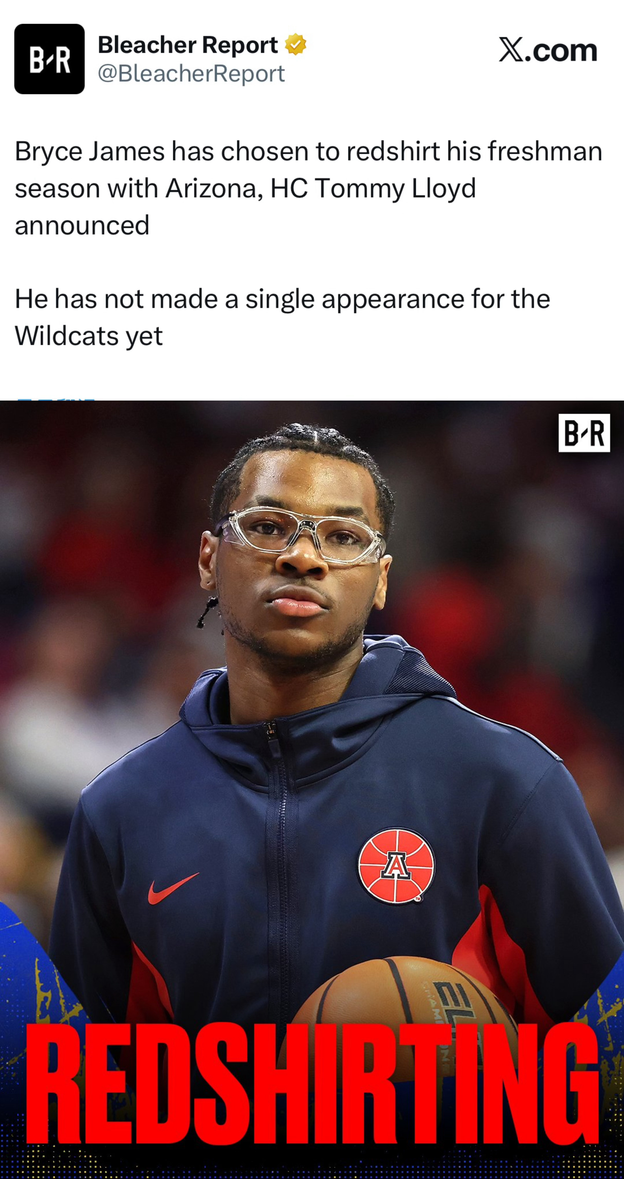 布莱斯·詹姆斯选择在大一赛季休战，亚利桑那大学主教练汤米·劳埃德宣布了这一消息。
