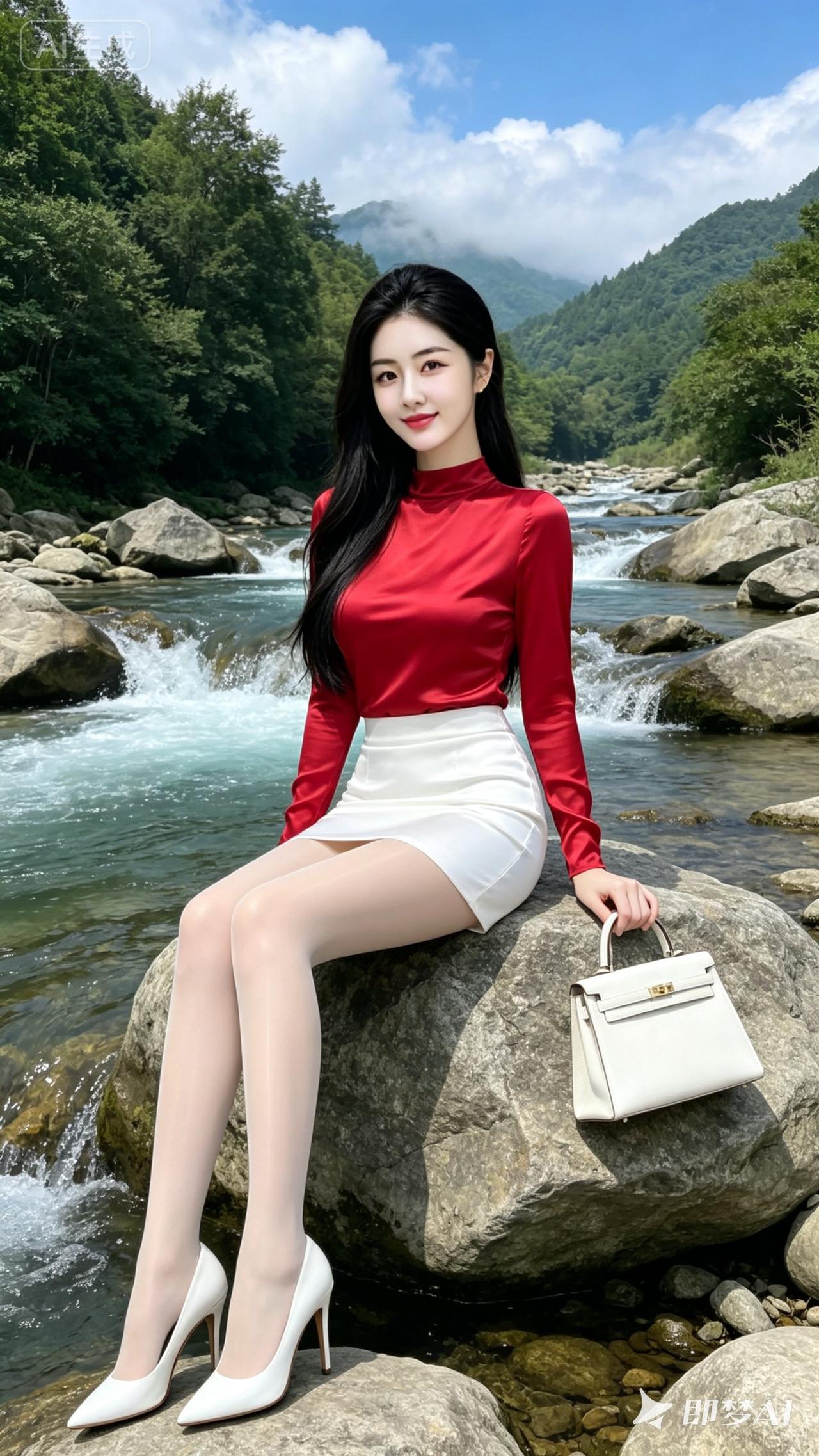 美女坐在山间石头上，风景美如画。