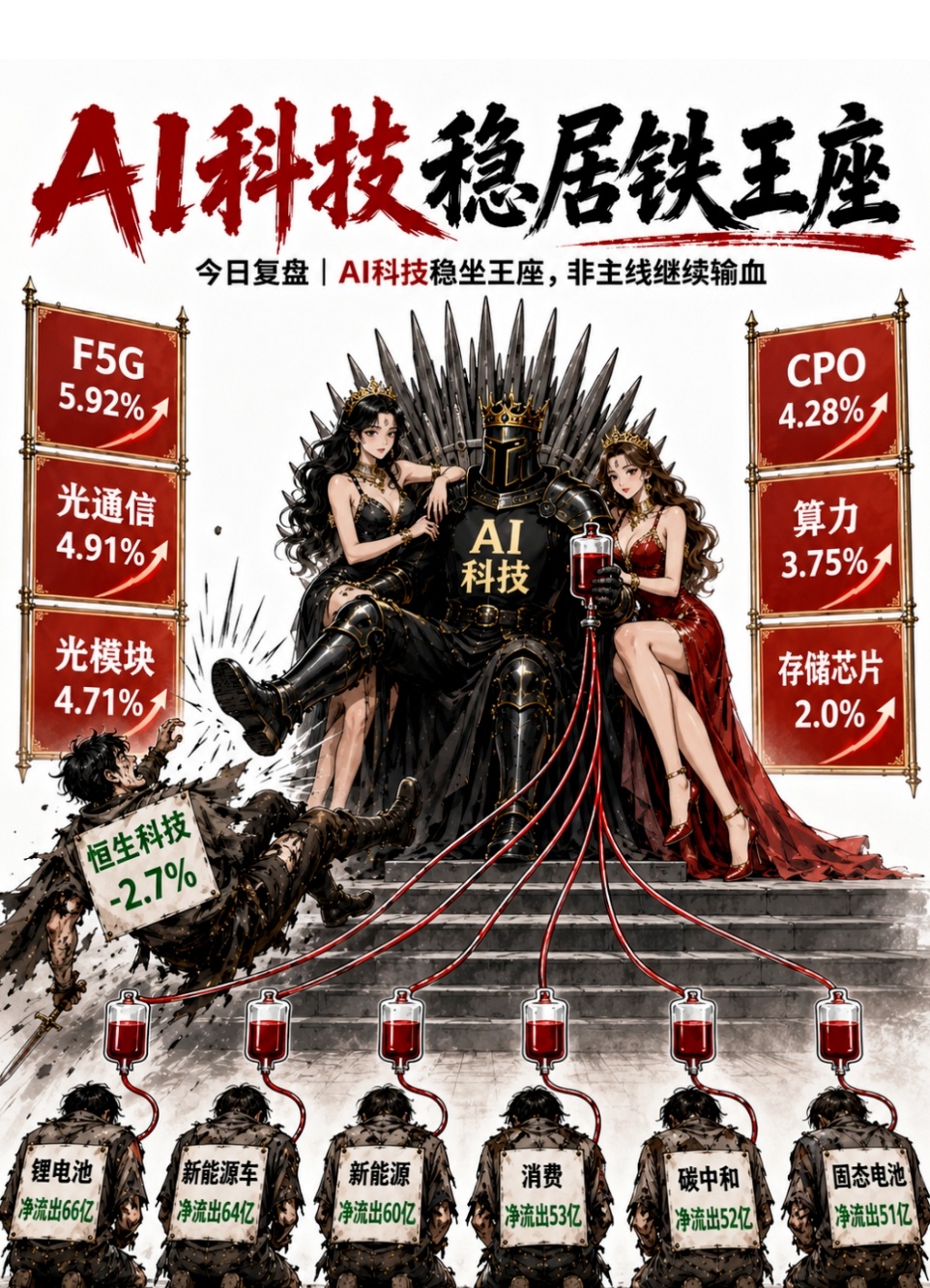 今天各个板块，持续向AI科技输血中，恒科 新能源车 消费当血包已经习惯了
